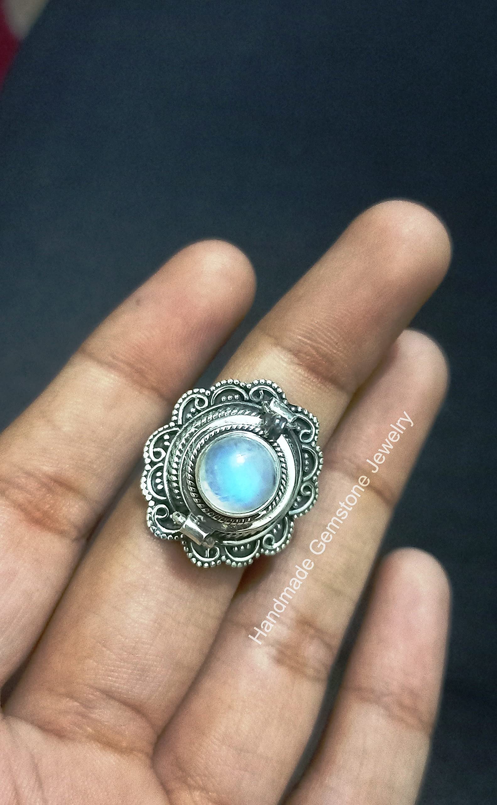 Rainbow Moonstone Poison Box Ring - Blue Flash Moonstone Gemstone Jewelry, Handmade Openable Designer Ring for Women, Unique Christmas Gift for Her, Perfect for Parties, Engagements & Special Occasions