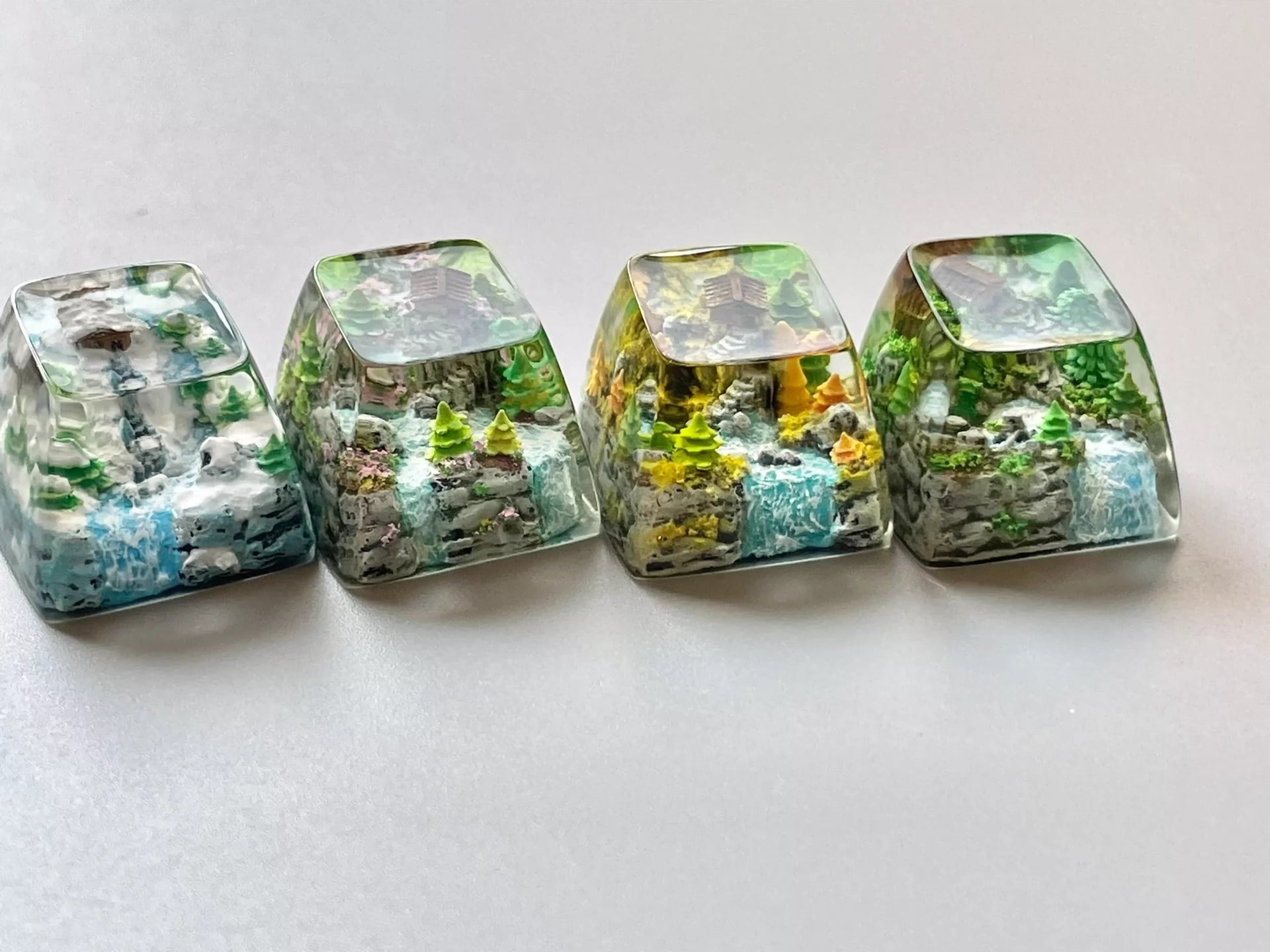 Chinese Landscape Painting Style Resin Keycaps - Seasonal Spring Summer Autumn Winter Themed Custom Keyboard Keycaps for Mechanical Gaming Keyboards | Perfect for Typing, Gaming & Office Work