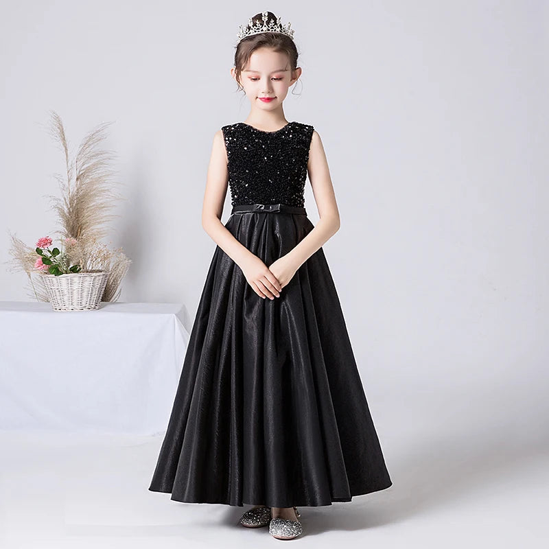 Elegant Satin Long Formal Dress for Girls - Black & Navy Blue Princess Gown for Birthday Parties, Prom, Pageants & Special Occasions