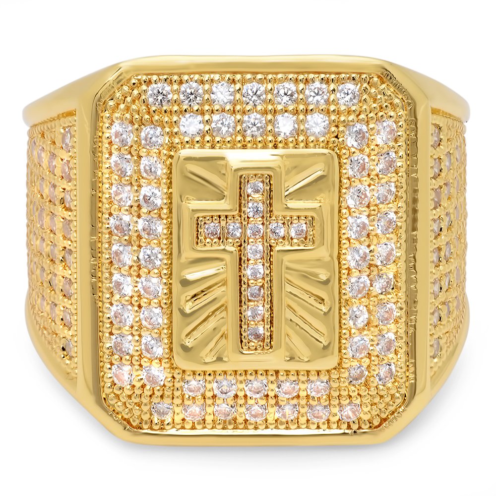 14K Gold Plated Hip Hop Bling Ring - Iced Out Micropave CZ Cross Design (21.5mm) for Men & Women | Perfect for Rappers, Streetwear Fashion & Gift Giving