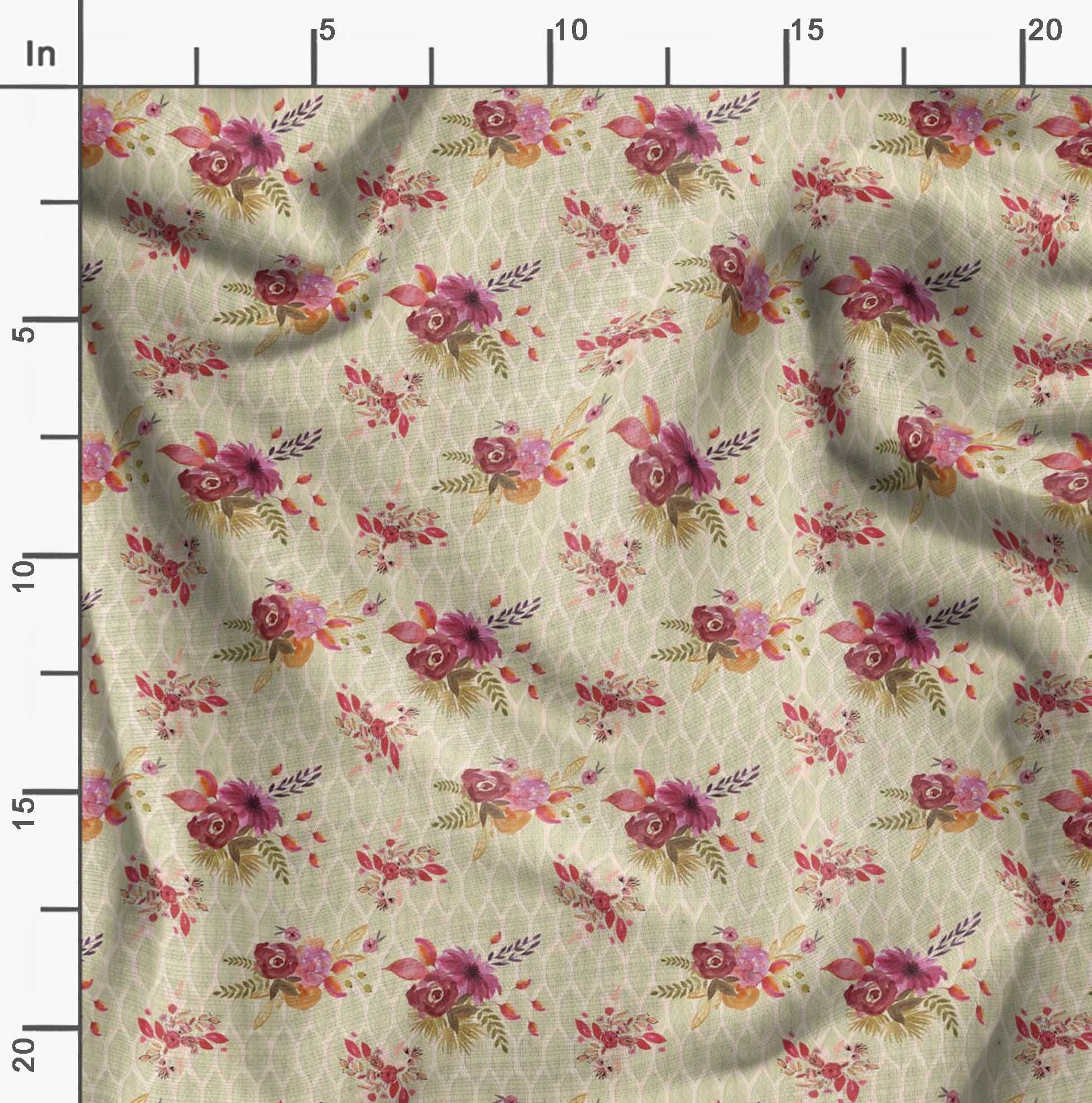 Soimoi Moss Georgette White Floral Fabric by The Yard - 44 Inch Wide Printed Fabric with Delicate Flower & Leaf Patterns for Dresses, Scarves, Curtains and DIY Craft Projects