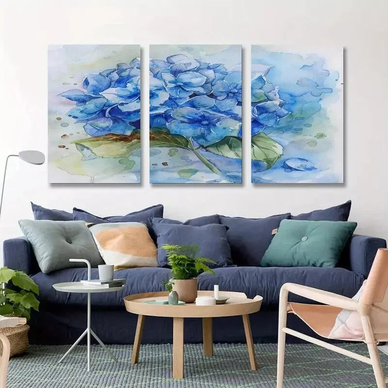 3-Piece Blue Hydrangea Floral Wall Art Set - Framed Canvas Prints 50x70cm - High Quality Home Decor - Ready to Hang - Perfect for Living Room, Bedroom & Office Decoration