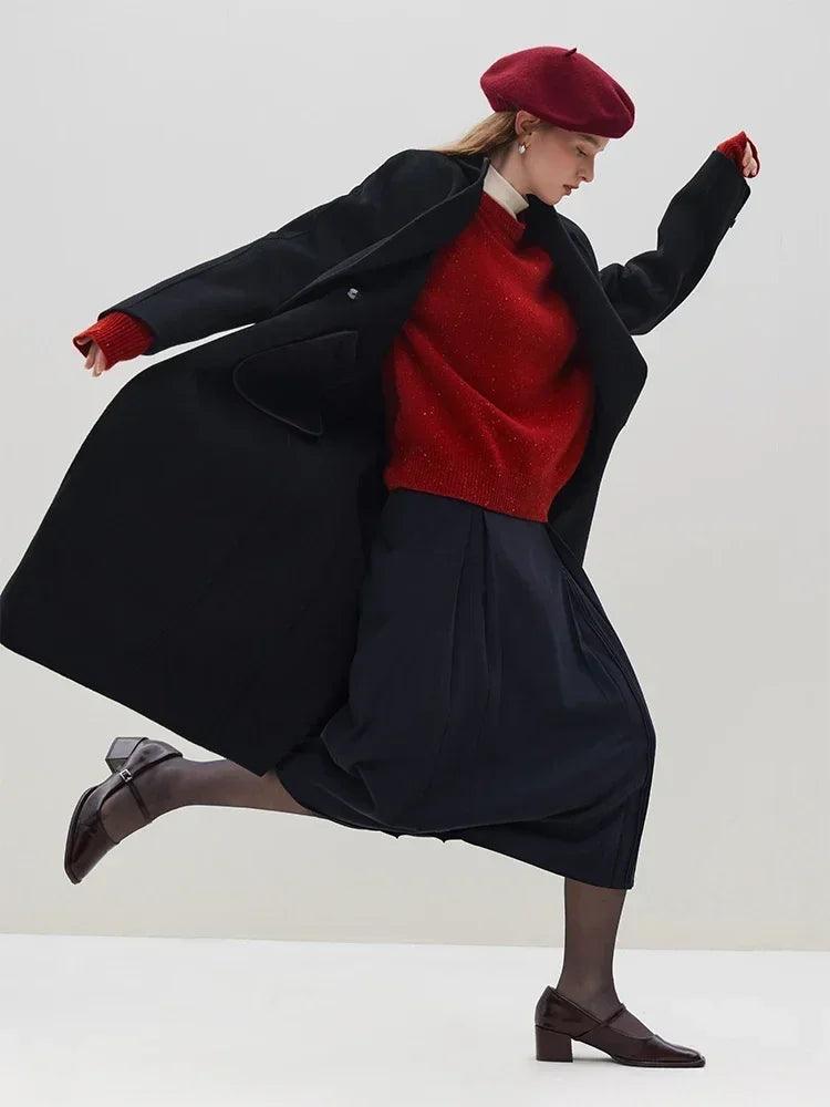 Women's Winter Double Sided 100% Wool Long Coat - Commuter Style Solid Color Warm Trench Coat for Office, Travel & Cold Weather