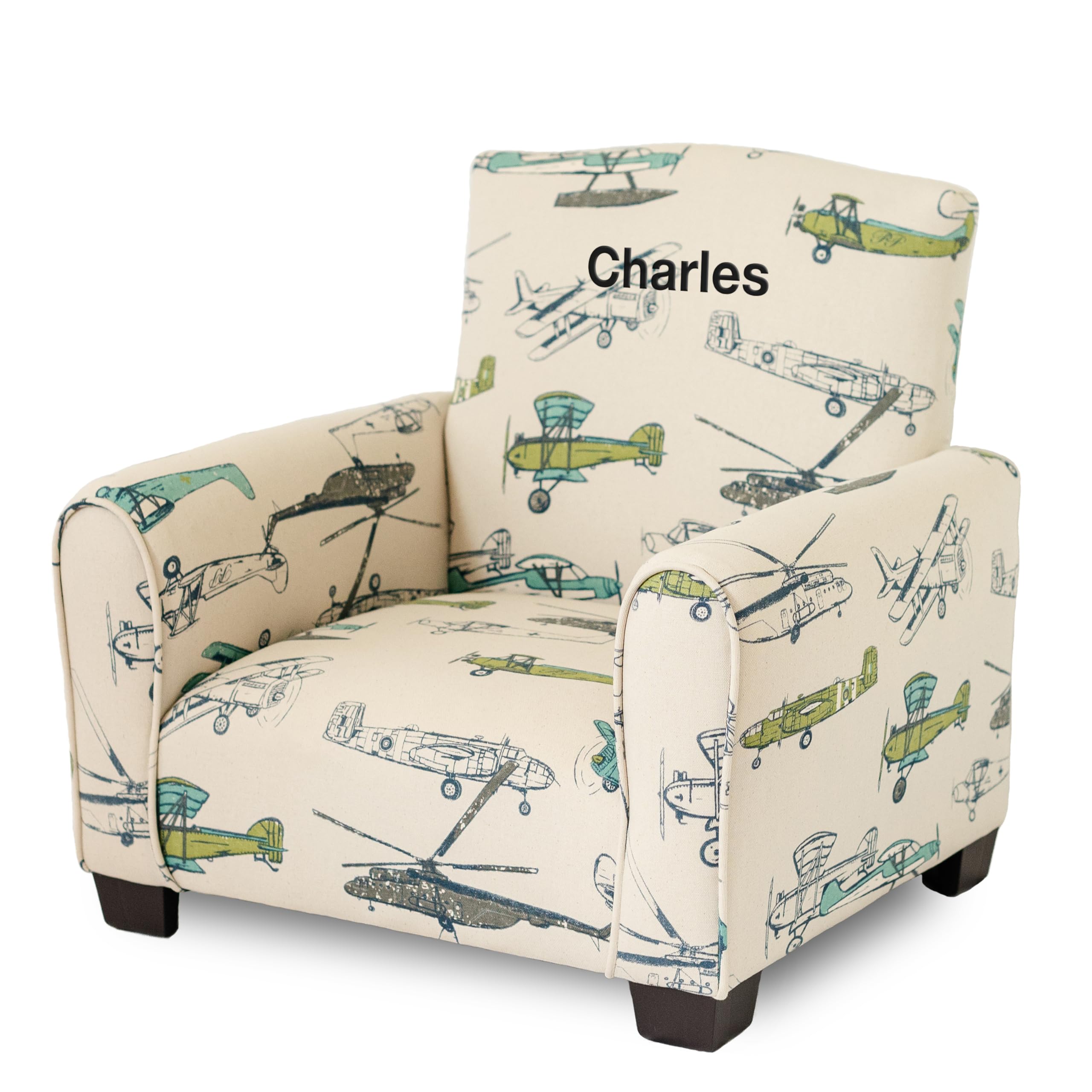Personalized Kids Rocking Chair with Name - Airplane Print Upholstered Toddler Armchair, Comfortable & Custom Children's Furniture for Nursery, Bedroom or Playroom