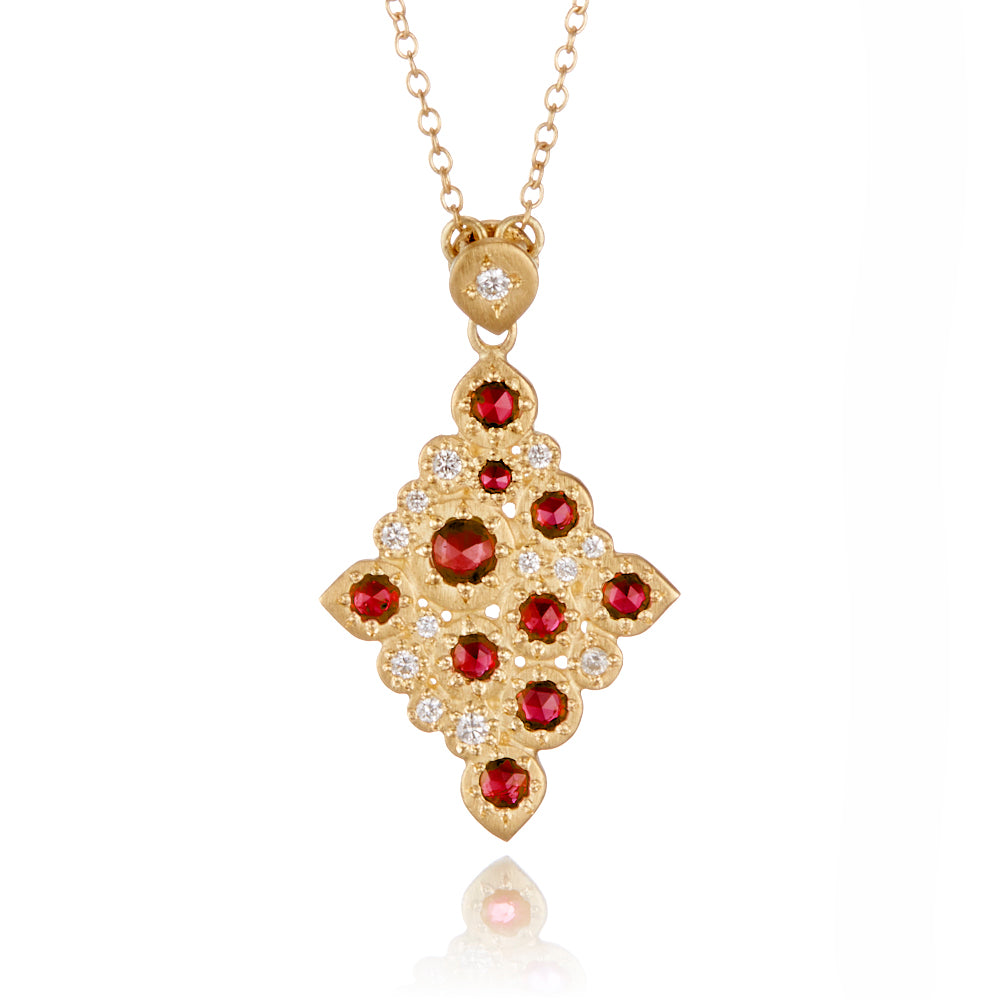 Exquisite Ruby Mosaic Pendant Necklace - 18K Gold Plated Handmade Jewelry for Women | Perfect for Weddings, Anniversaries & Special Occasions