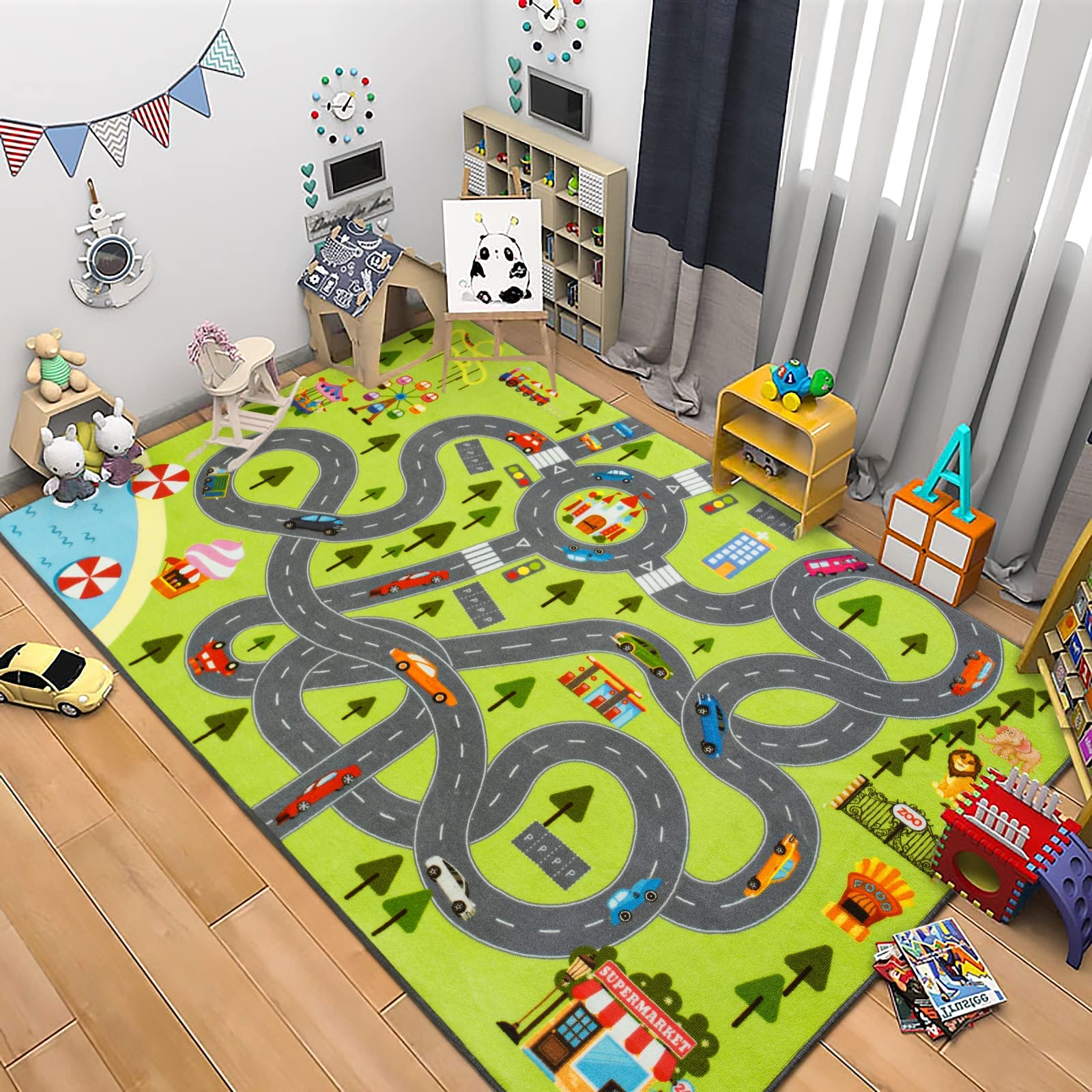 HOMORE Kids Play Mat Rug - 3x5 Feet Educational City Play Rug for Hot Wheels Track Racing & Toys | Non-Slip Carpet Playmat for Children's Bedroom, Playroom & Nursery | Perfect for Pretend Play & Learning Activities