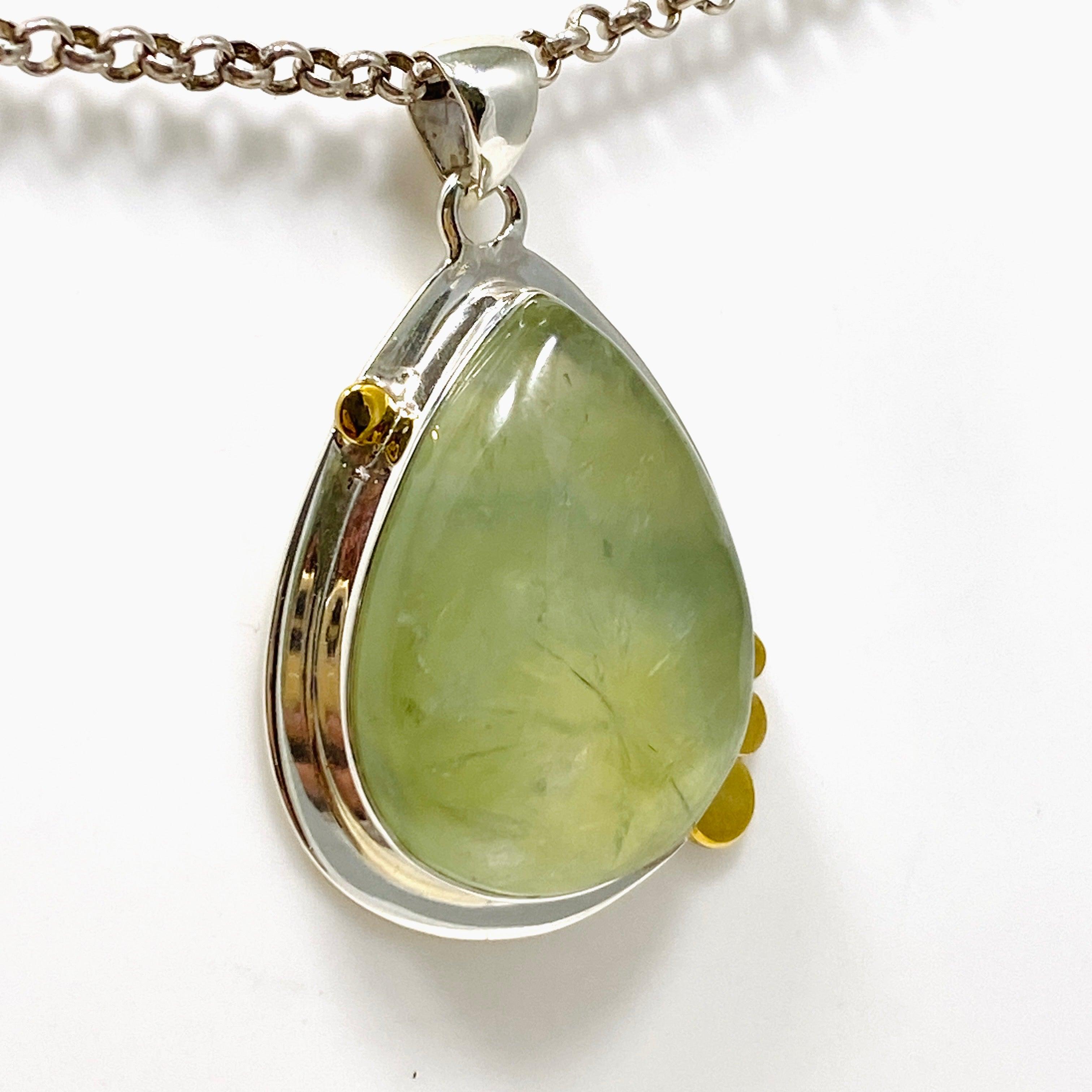 Prehnite Teardrop Pendant Necklace with Brass Accents - KPGJ4294 | Elegant Boho Jewelry for Women, Perfect for Everyday Wear & Special Occasions