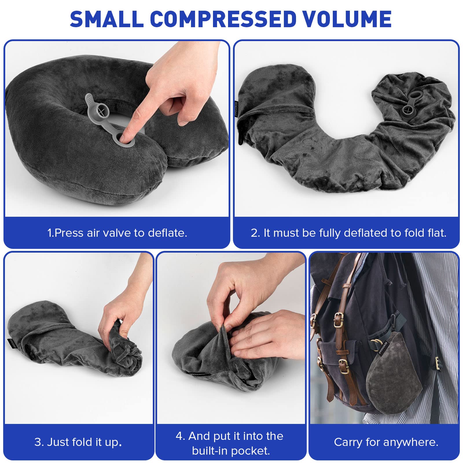 Rewondah Inflatable Travel Pillow - Ultra Soft Velour Washable U-Shaped Neck Pillow for Airplane, Train & Car Travel | Compact & Portable for Business Trips, Long Flights & Road Trips