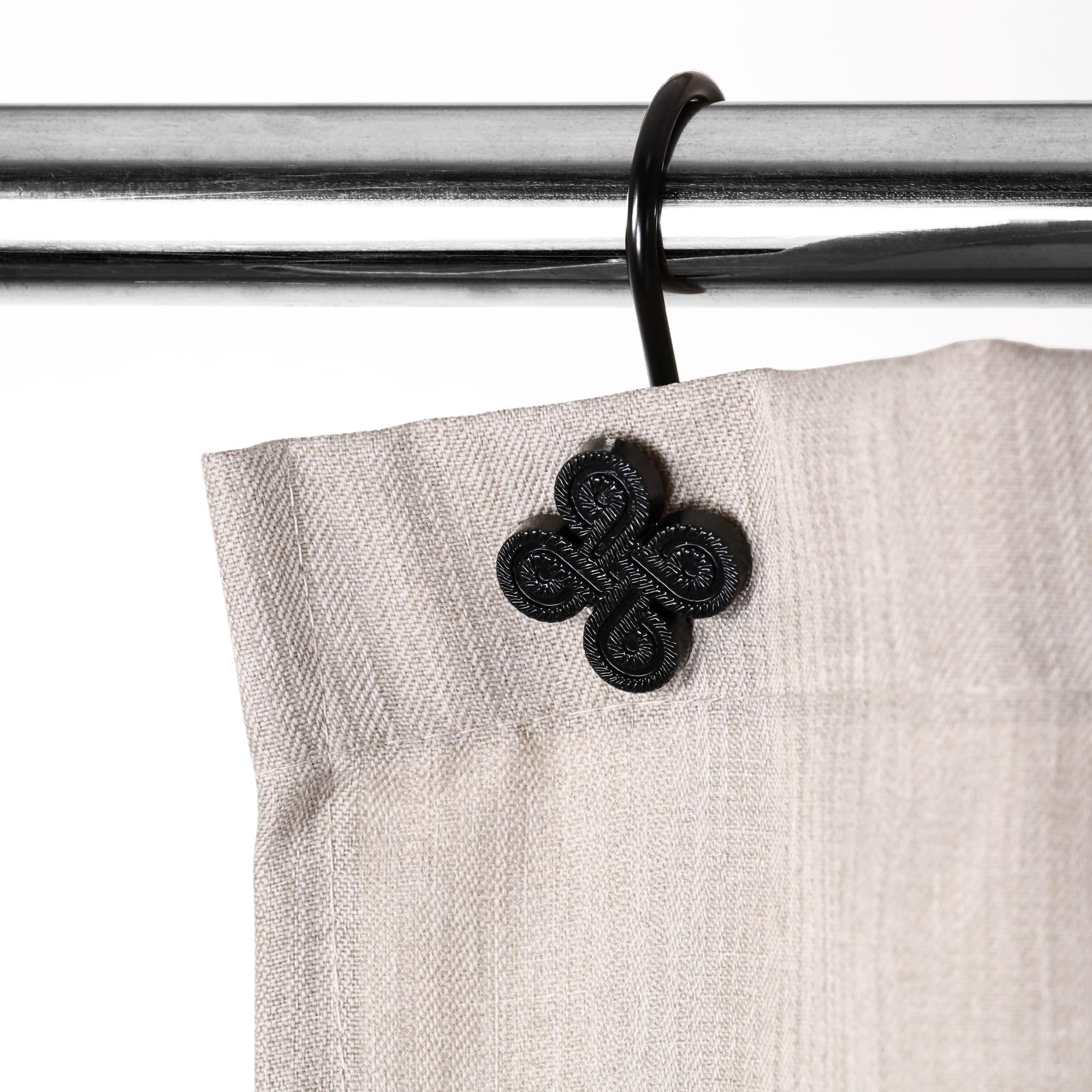 Rust-Proof Metal Shower Curtain Hooks - Set of 12 Black Flower Clover Design Bathroom Accessories for Shower Rod | Durable Decorative Hangers for Bath, Spa & Guest Room Decor