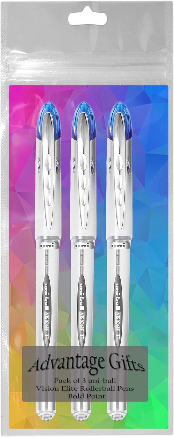 Uni-ball Vision Elite Rollerball Pens - 0.8mm Bold Point Blue Ink - 3-Pack with Reusable Pouch - Smooth Writing for Office, School & Note Taking - Perfect for Journaling, Signatures & Everyday Use