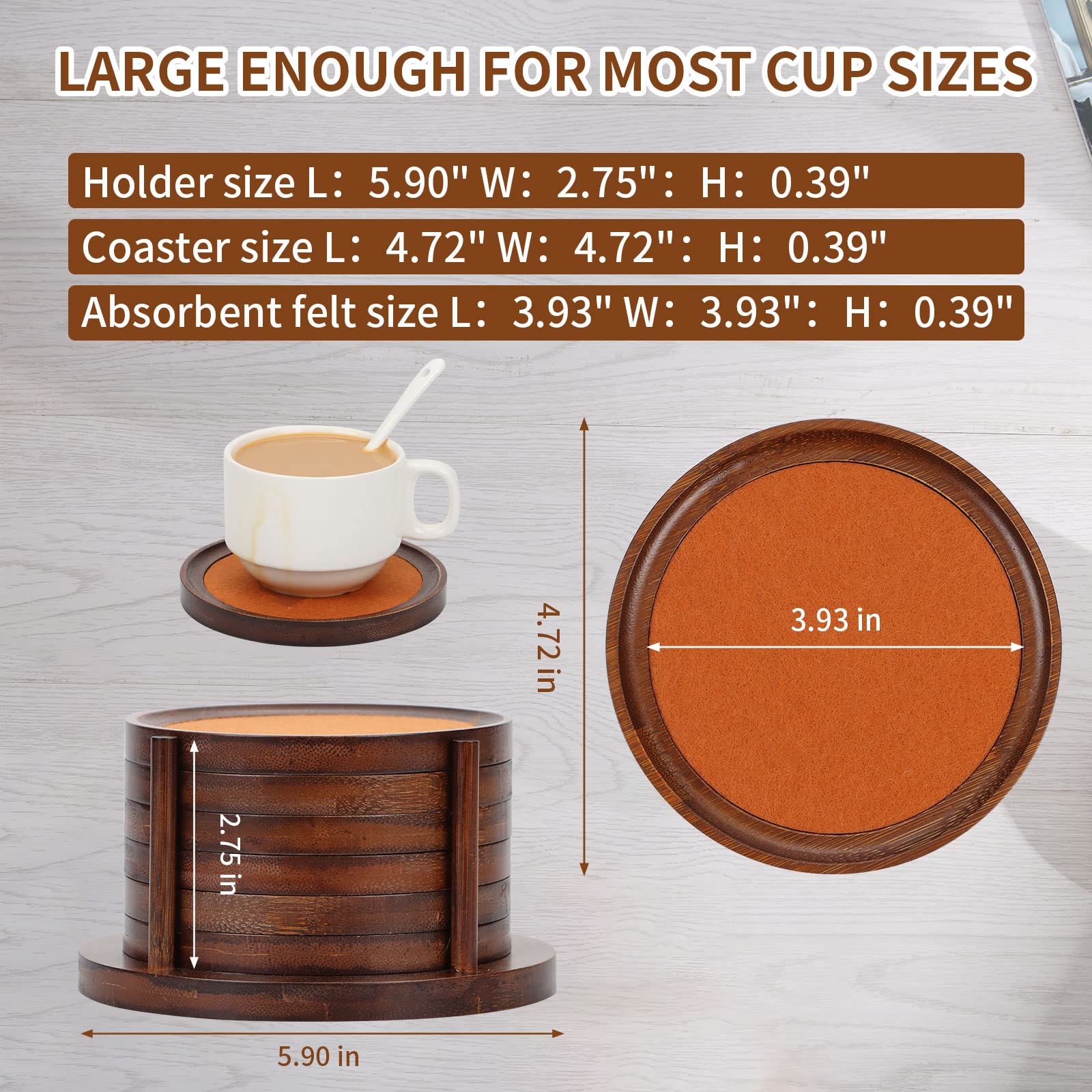 MinBoo 6-Piece Dark Brown Bamboo Drink Coasters Set with Holder - Absorbent, Durable & Stylish for Coffee Tables, Dining Tables, Bars - Perfect for Home Decor, Housewarming & Wedding Gifts - Protect Your Furniture from Stains & Water Rings