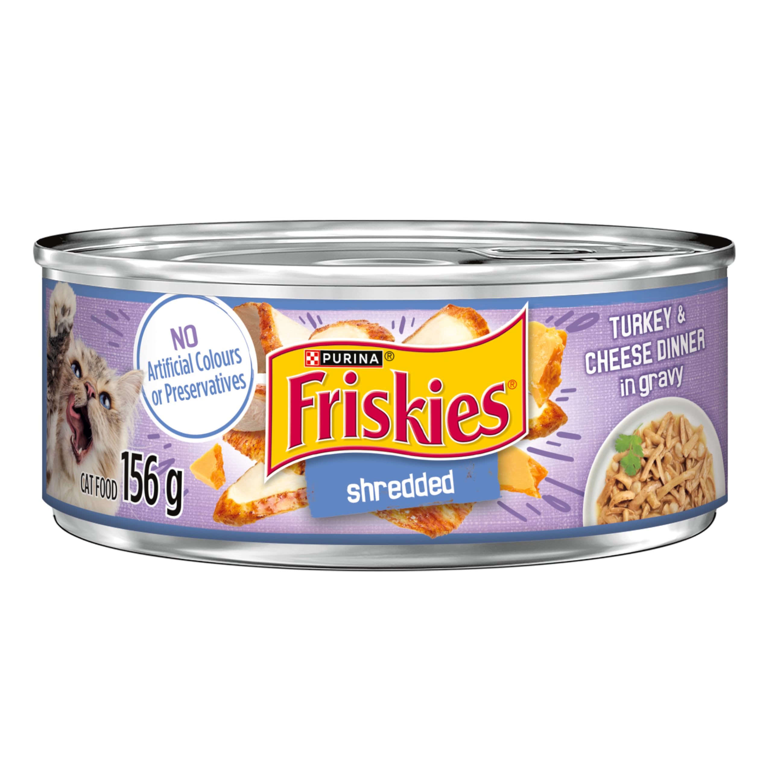 Friskies Shredded Wet Cat Food with Turkey & Cheese in Gravy - 24 Pack (156g Cans) | High Protein Meal for Adult Cats | Perfect for Picky Eaters & Daily Feeding