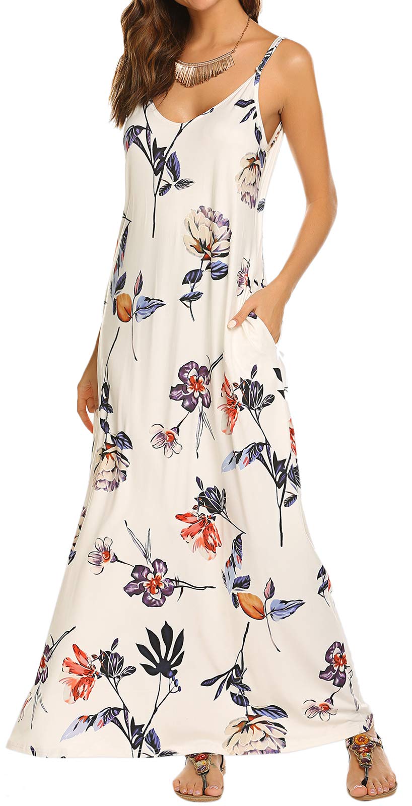 Supnier Women's Summer Maxi Dress - Casual V-Neck Sleeveless Bohemian Floral Long Dress with Pockets | Perfect for Beach Vacation, Music Festival & Boho Chic Outfits