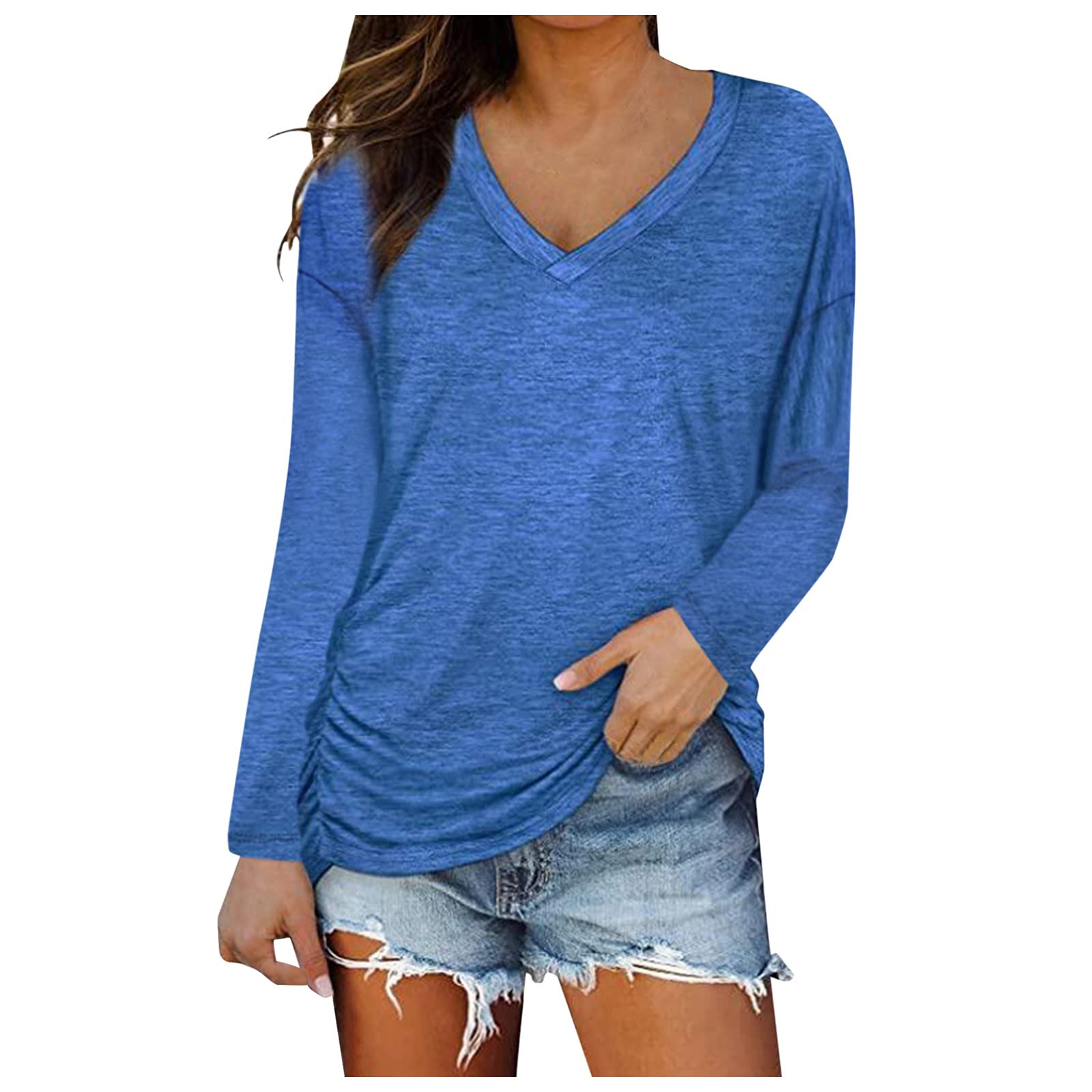 Women's V-Neck Loose Fit Long Sleeve T-Shirt - Summer Basic Blouse Tee Top for Casual Wear, Office & Everyday Outfits