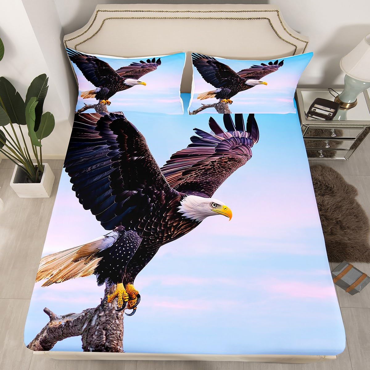 Manfei Eagle Fitted Sheet Set - 3PC Full Size Microfiber Bedding with Flying Eagle Tree Stump Print for Kids & Boys - Animal Theme (1 Fitted Sheet + 2 Pillowcases) - Perfect for Kids' Rooms, Dorm Decor & Wildlife Themed Bedrooms