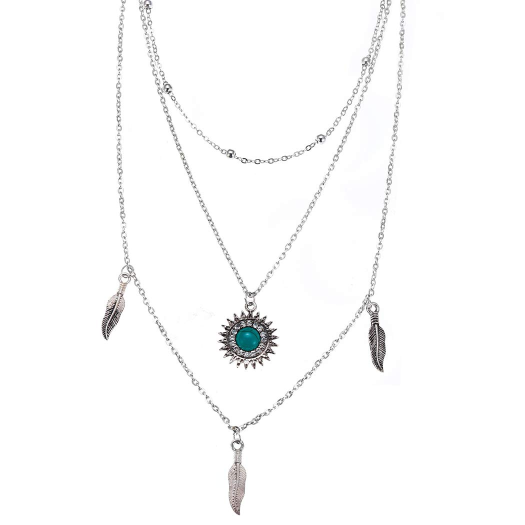 Boho Layered Turquoise Necklace for Women - Silver Short Chain with Totem Charms - Perfect for Summer, Beach, and Boho Fashion Accessories