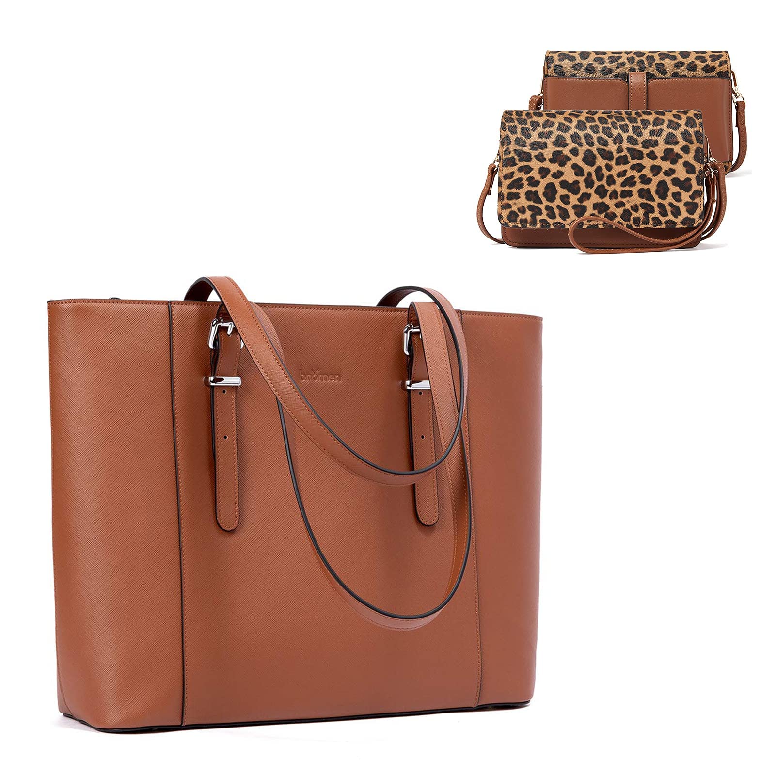 BROMEN Women's 15.6 Inch Laptop Tote Bag & Crossbody Purse Set - Brown Leather Briefcase with Leopard Print Wristlet Wallet for Work, Travel & Business Meetings