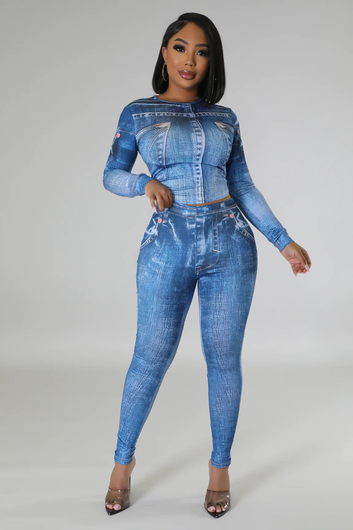 Stylish Women's Denim Honey Pant Set - High Waisted Stretch Jeans & Matching Top - Casual Outfit for Everyday Wear, Date Night & Weekend Brunch