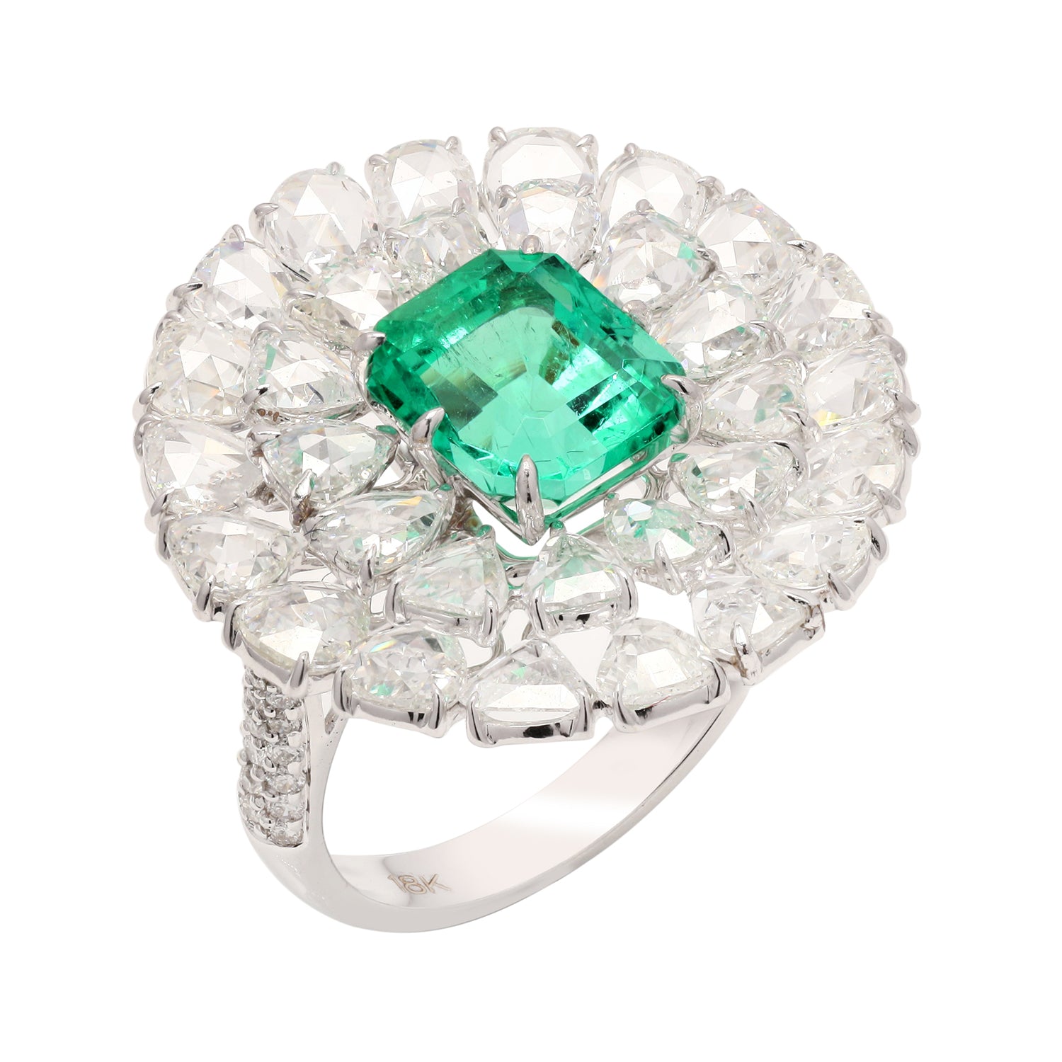 18K White Gold Emerald Cut Emerald Rose Cut Diamond Solitaire Ring – Perfect for Engagement, Wedding & Anniversary Gifts
