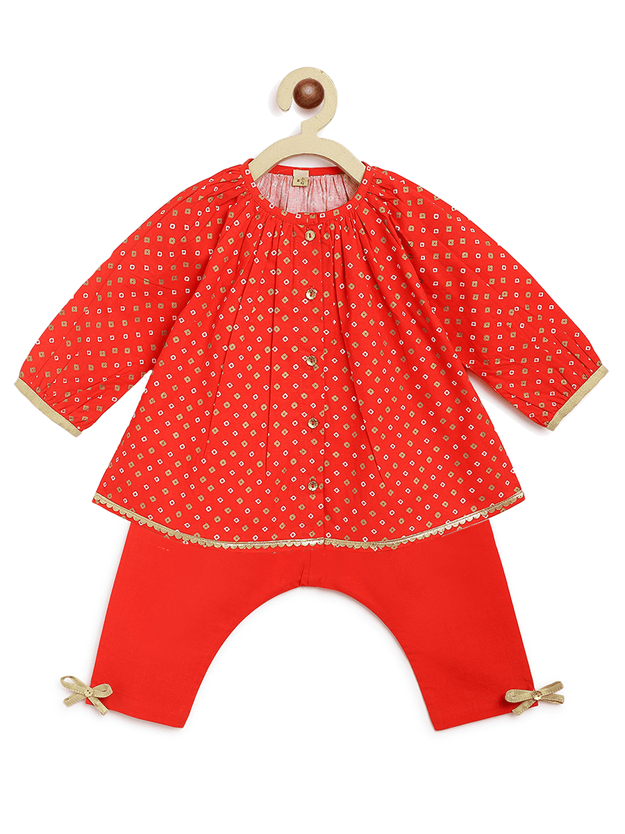 Baby Girl Bandhani Printed Jhabla Set - Red Ethnic Indian Outfit for Festivals & Special Occasions