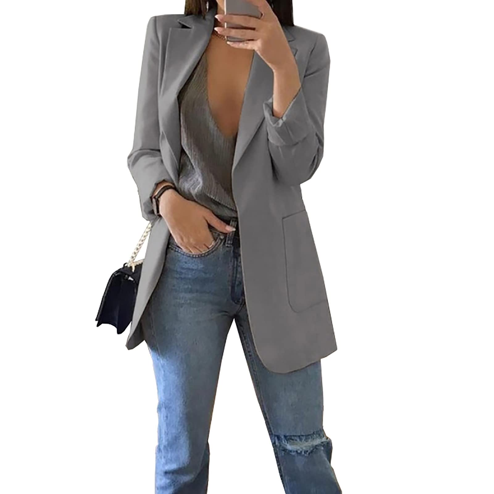 Women's Stylish Casual Work Office Blazer with Pockets - Long Sleeve Jacket for Business Meetings & Professional Events