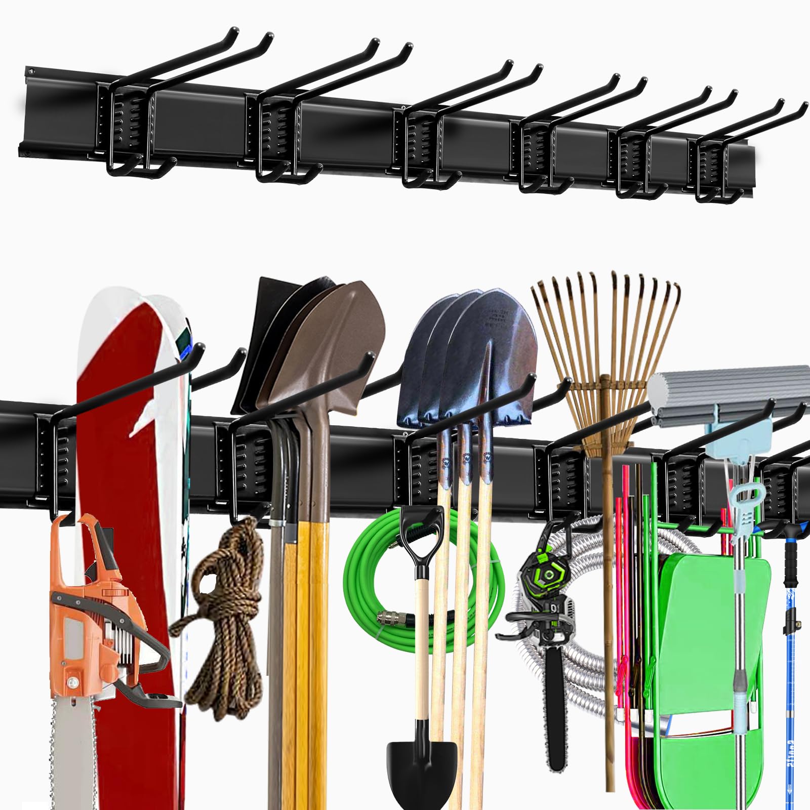 NOEAIKE 48-Inch Heavy Duty Garage Storage Rack Hooks - Wall Mount Organizer with 3 Rails & 6 Adjustable Double Hooks - Perfect for Garage, Shed, or Workshop Organization - Holds Garden Tools, Brooms, Mops, Ladders & More (Black)