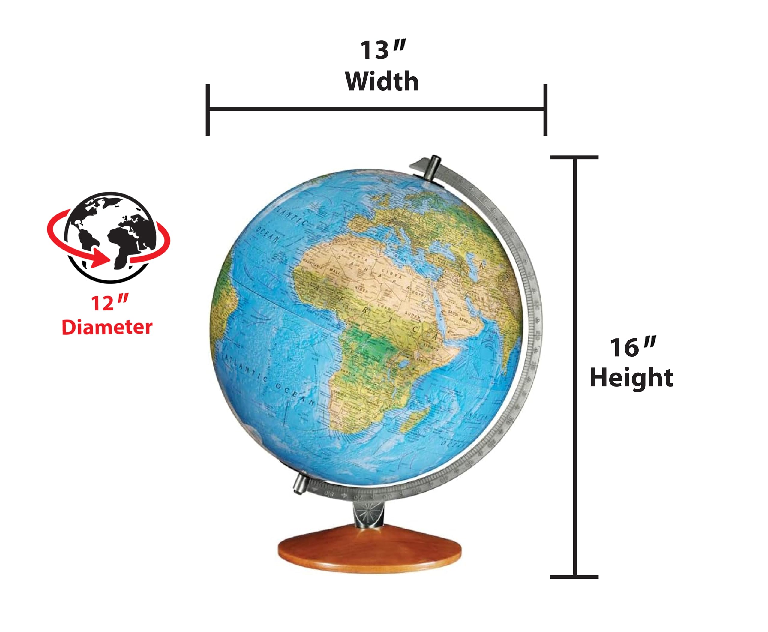 Replogle 12 Inch Illuminated World Globe with Stand - Light Up Raised Relief Educational Globe for Kids & Classrooms | USA Made | Perfect for Geography Learning & Home Decor