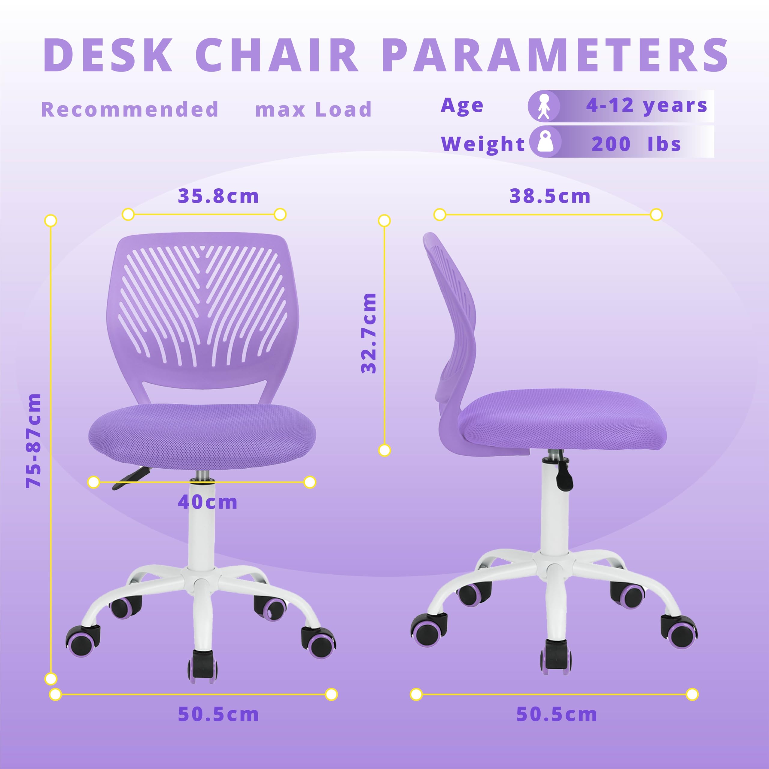 Modern Adjustable Swivel Armless Desk Chair - Ergonomic Computer Task Chair for Home Office & Study Room, Purple - Perfect for Kids, Students & Professionals