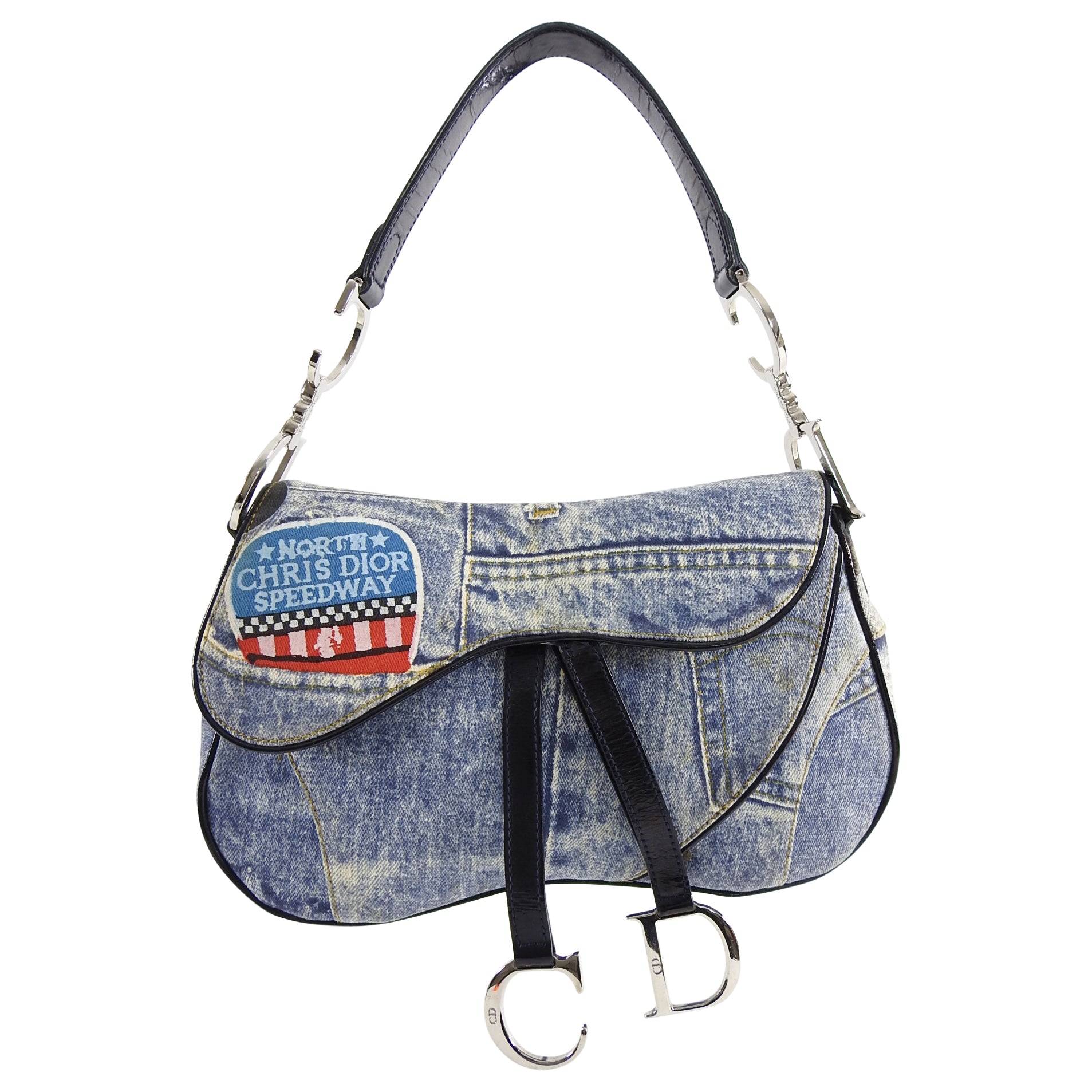 Vintage Christian Dior Blue Denim Printed Double Saddle Bag Fall 2001 Collection - Perfect for Casual Outings, Date Nights & Fashion Events