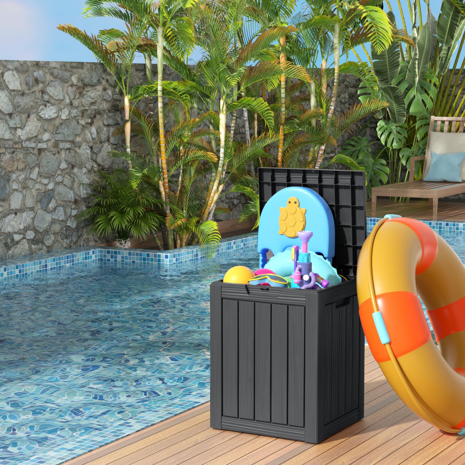 28 Gallon Resin Deck Box with Lock - Waterproof & UV Resistant Outdoor Storage Container for Patio Furniture, Garden Tools, Package Deliveries - Black - Perfect for Backyard, Deck, and Garage Organization