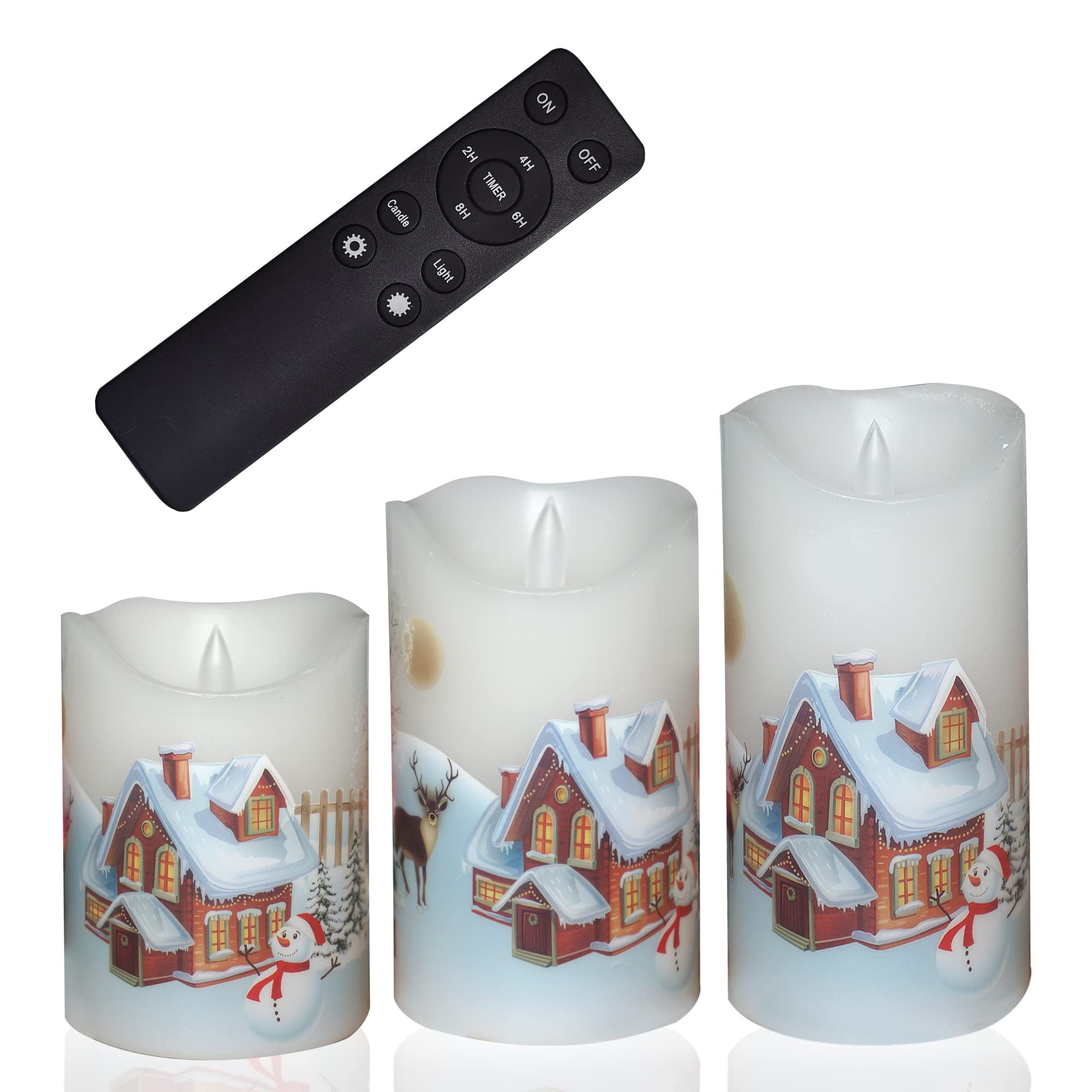 Real Wax Flameless LED Candles with Remote & Timer - 3 Pack Battery Operated Electric Pillar Candles with Realistic Flickering for Christmas Decor (Reindeer/Snowman/Tree Decals) - Perfect for Holiday Home Decor, Winter Centerpieces & Cozy Ambiance