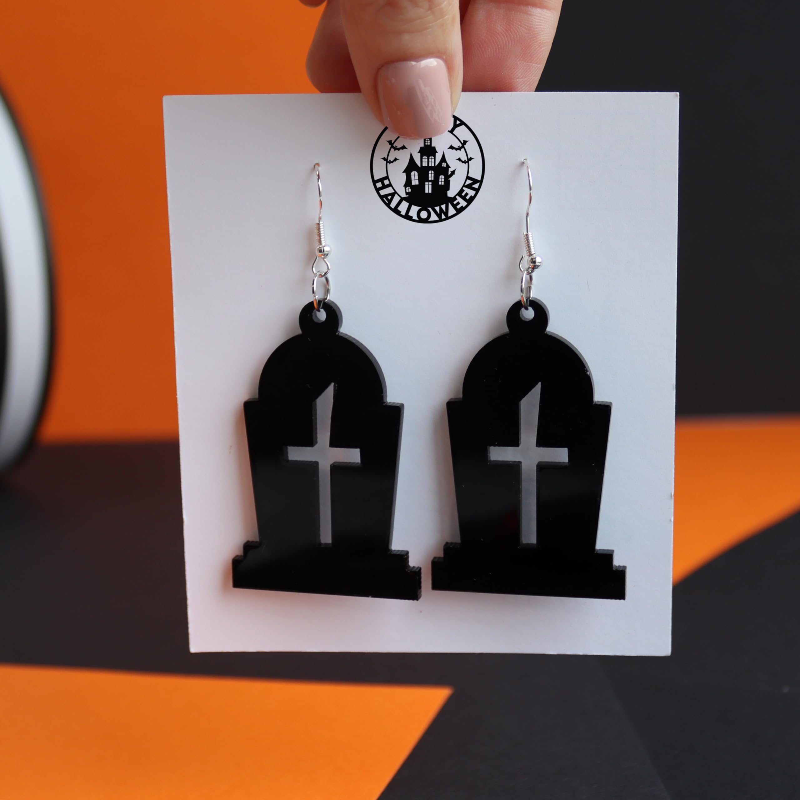 Spooky Halloween Tombstone Earrings - Handmade Recycled Acrylic Dangly Jewelry for Women | Gothic Accessories for Halloween Party, Costume Cosplay & Witch Theme Events | Unique Spooky Gift for Horror Fans