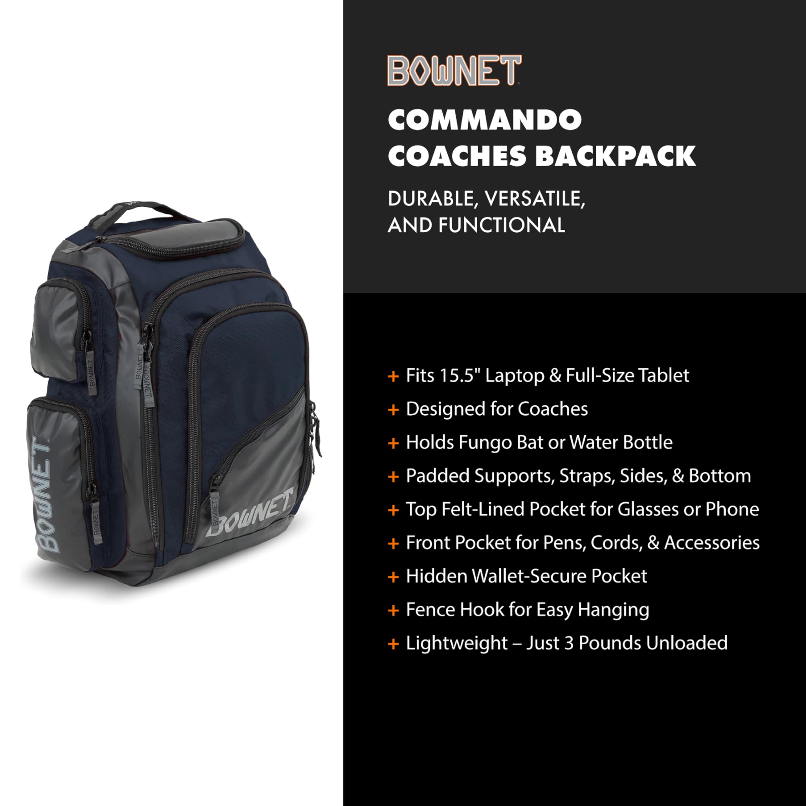 Bownet Commando Coaches Bat Bag - Baseball Backpack for Boys & Girls with Large Main Compartment - Holds 1 Fungo Bat & Water Bottle - Perfect for Youth Baseball Practice, Games & Travel