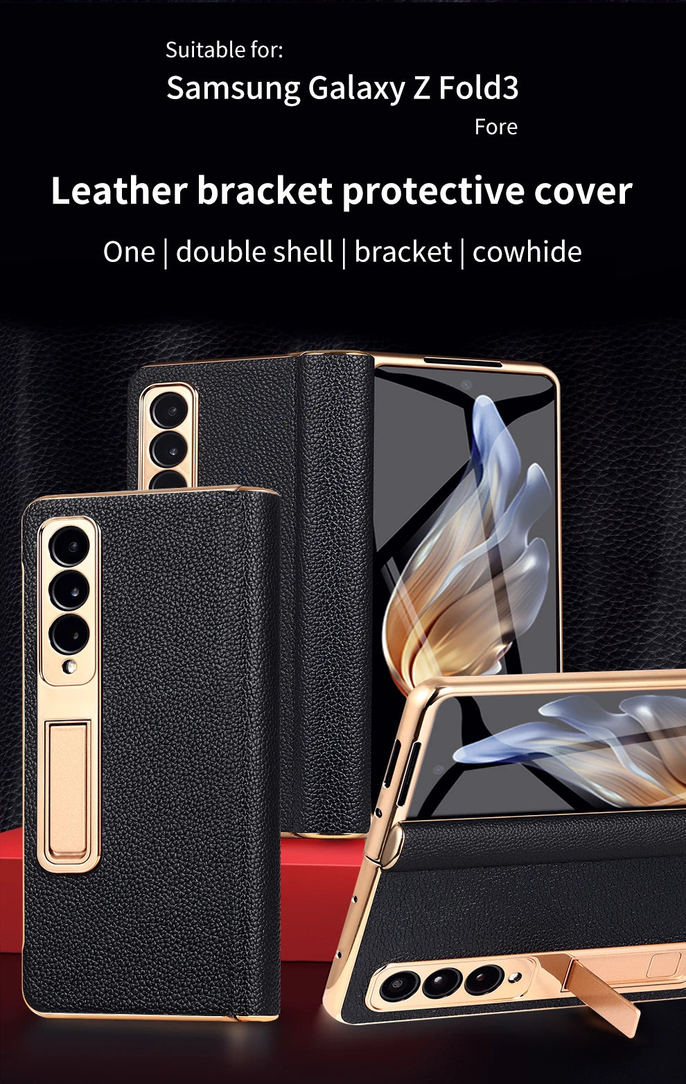 Premium Real Leather Phone Case for Samsung Galaxy Z Fold 6 with Hinge Kickstand - Slim Protective Cover for Work, Travel & Everyday Use