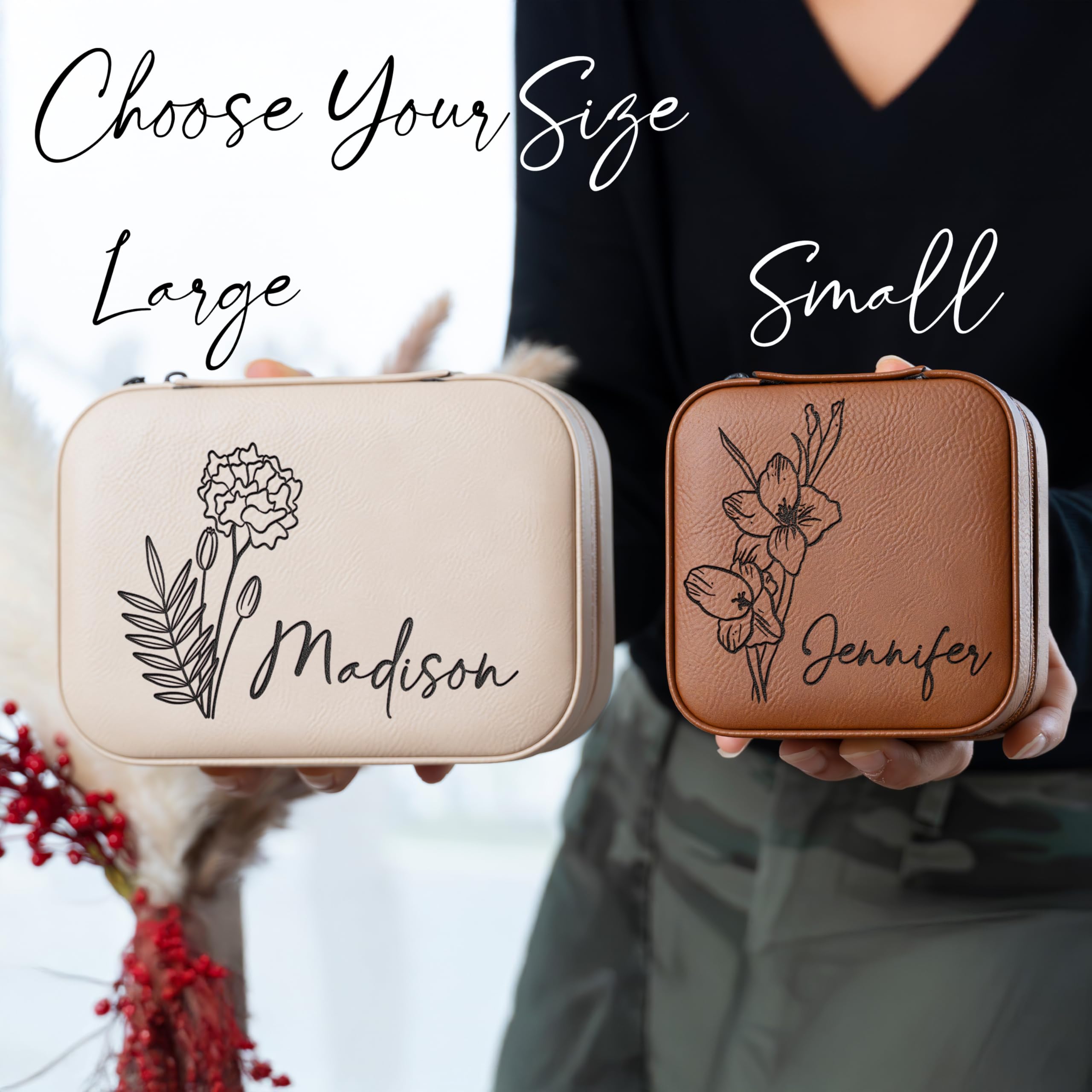 Personalized Leather Jewelry Box with Name & Birth Flower Engraving - Custom Jewelry Organizer Travel Case for Women | Birthday Gift for Mom, Wife, Girlfriend | Perfect for Travel, Home Storage & Special Occasions