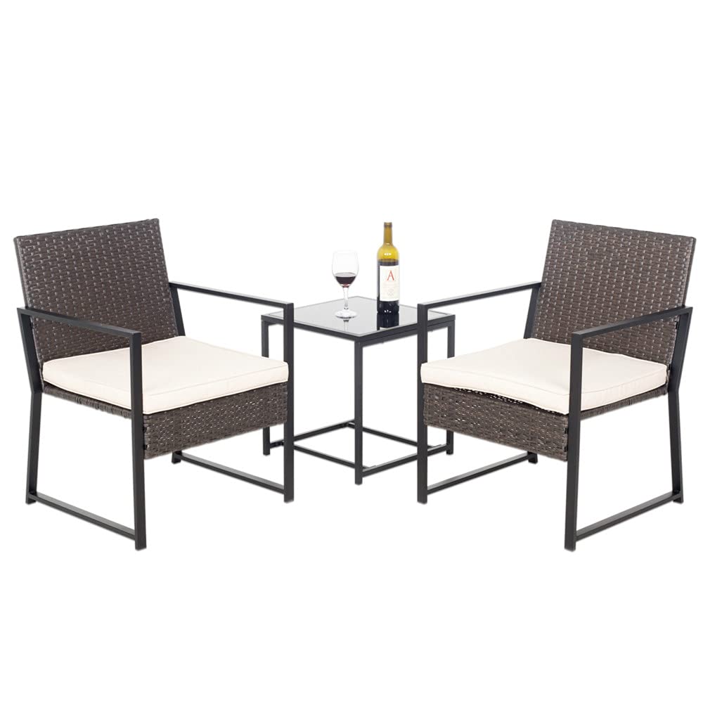 YOURLITE 3-Piece Outdoor Patio Furniture Set - PE Rattan Wicker Chairs with Blue Cushions & Coffee Table - Perfect for Garden, Porch, Backyard and Poolside Relaxation