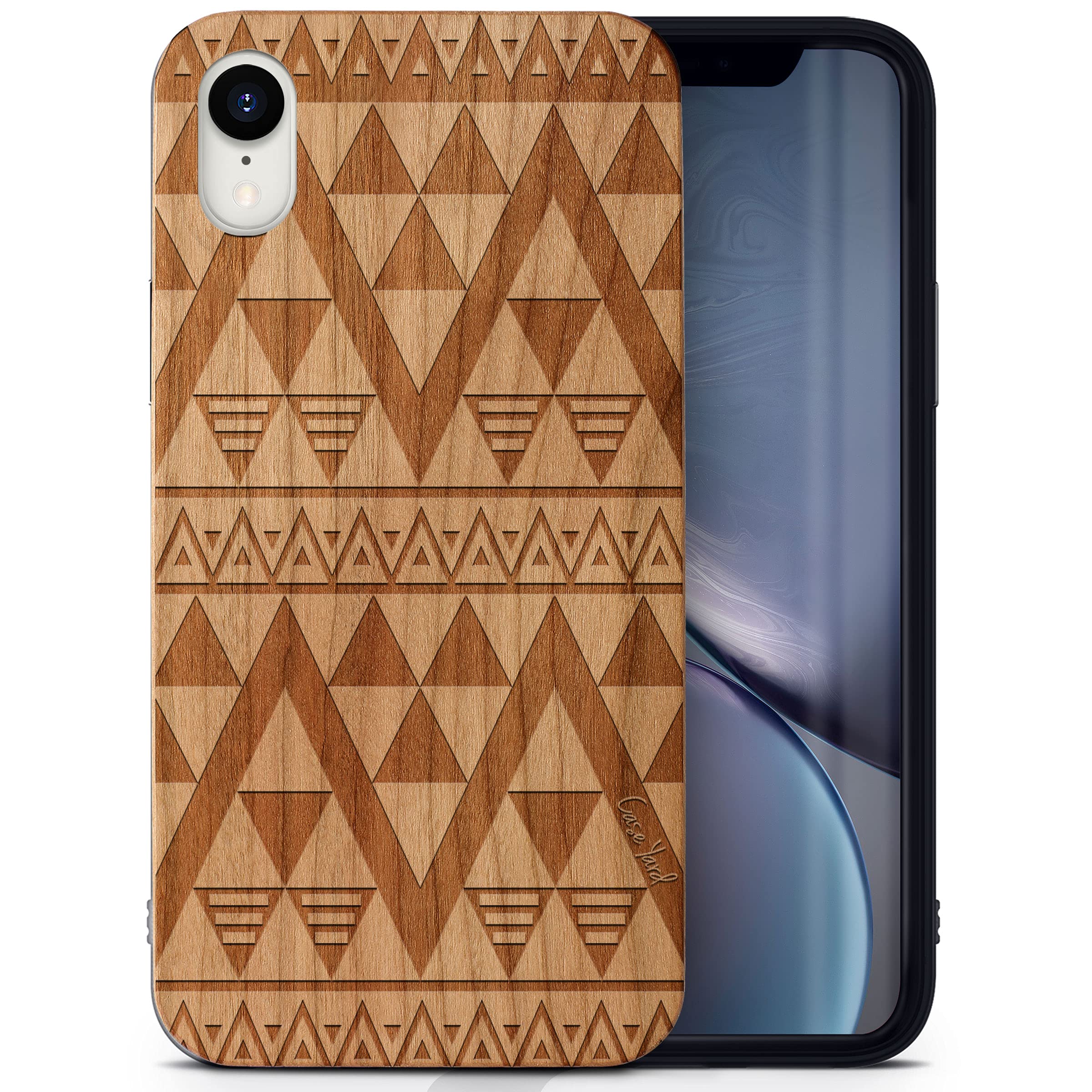 Wooden iPhone XR Case - Laser Engraved Negative Triangle Pattern Cherry Wood Protective Cover | Shockproof Slim Fit Phone Case for Men & Women | Perfect for Outdoor Activities, Travel & Daily Protection