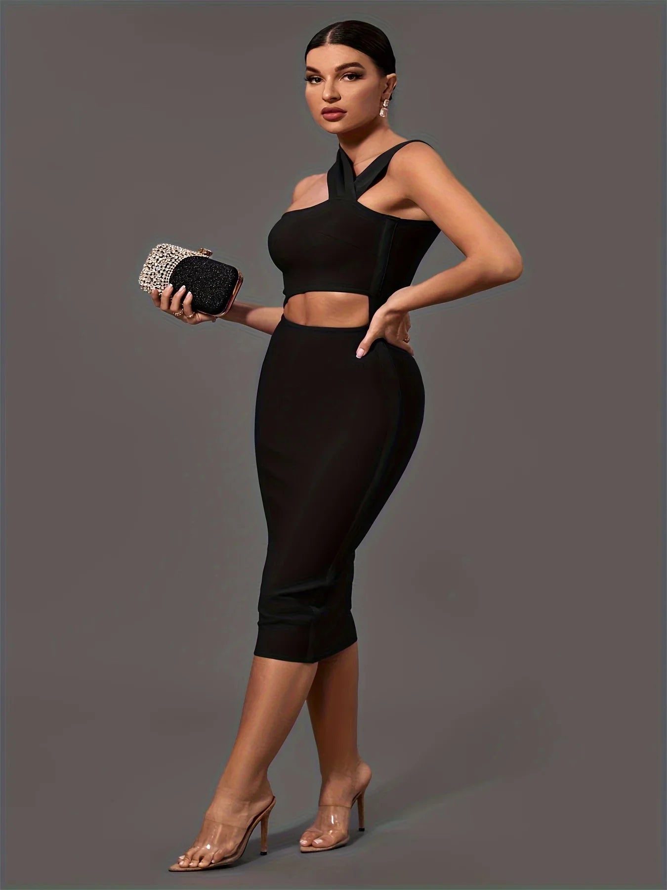 Black Bandage Dress for Women - Elegant Midi Bodycon Party Dress with Halter Neck & Sexy Cut Out Design | Perfect for Birthday, Evening, Club Outfits & Summer Events