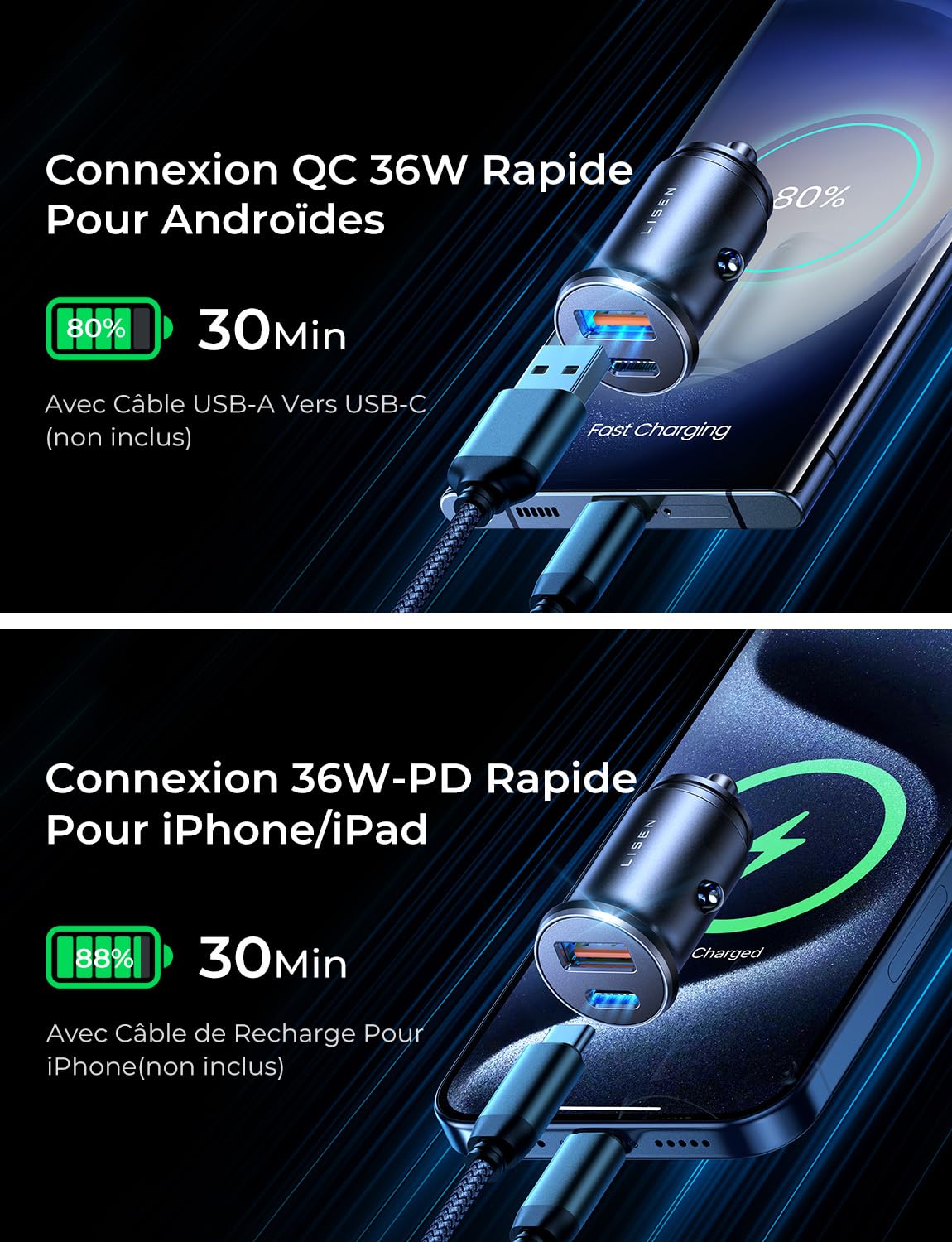 LISEN 2 Pack USB C Car Charger Adapter 54W Fast Charging with PD 3.0 & QC 3.0 - Compatible with iPhone 16/15 Pro Max, Samsung S24/S23, Huawei, Xiaomi - Perfect for Road Trips & Daily Commuting