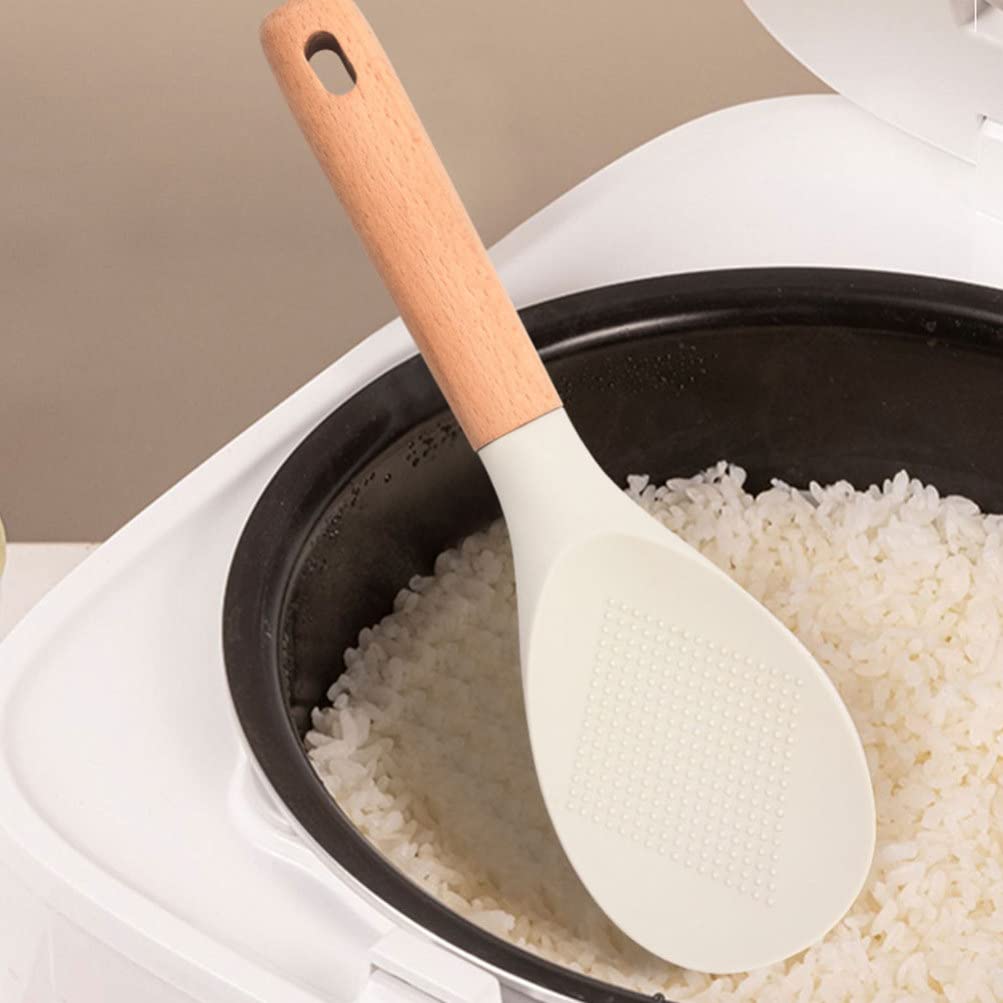 Kichvoe Wooden Handle Silicone Rice Spoon - Non-Stick Rice Paddle & Scooper for Cooking, Serving - Perfect for Rice Bowls, Sushi, Stir Fry & Meal Prep