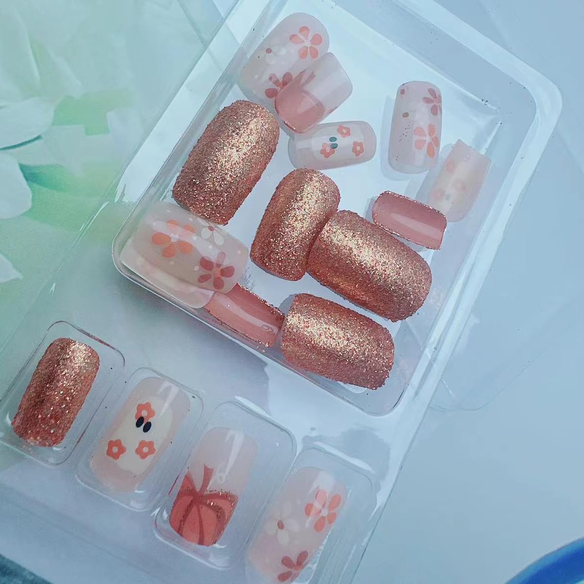Halloween Press on Nails - 24Pcs Square Medium Fake Nails with Ghost, Flower & Pumpkin Designs | Glossy Stick on Nails for Women | Perfect for Costume Parties, Trick or Treat & Spooky Manicures