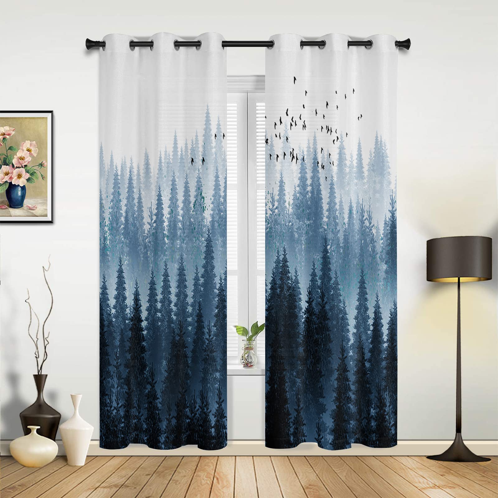 3D Printed Coniferous Forest Bird Landscape Grommet Window Curtains - Thermal Insulated Blackout Curtains for Bedroom, Living Room & Kitchen - 2 Panels (63