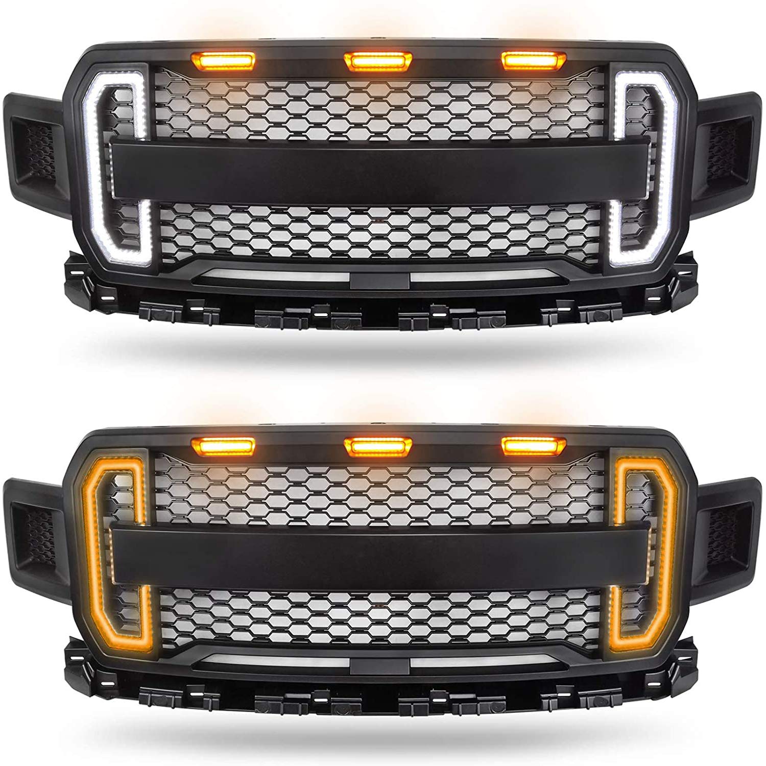 Ford F-150 2018-2020 Front Grill Mesh Grille Replacement with DRL, Turn Signal & 3 Amber LED Lights (Matte Black) - Perfect for Off-Roading, Truck Customization & Enhanced Style
