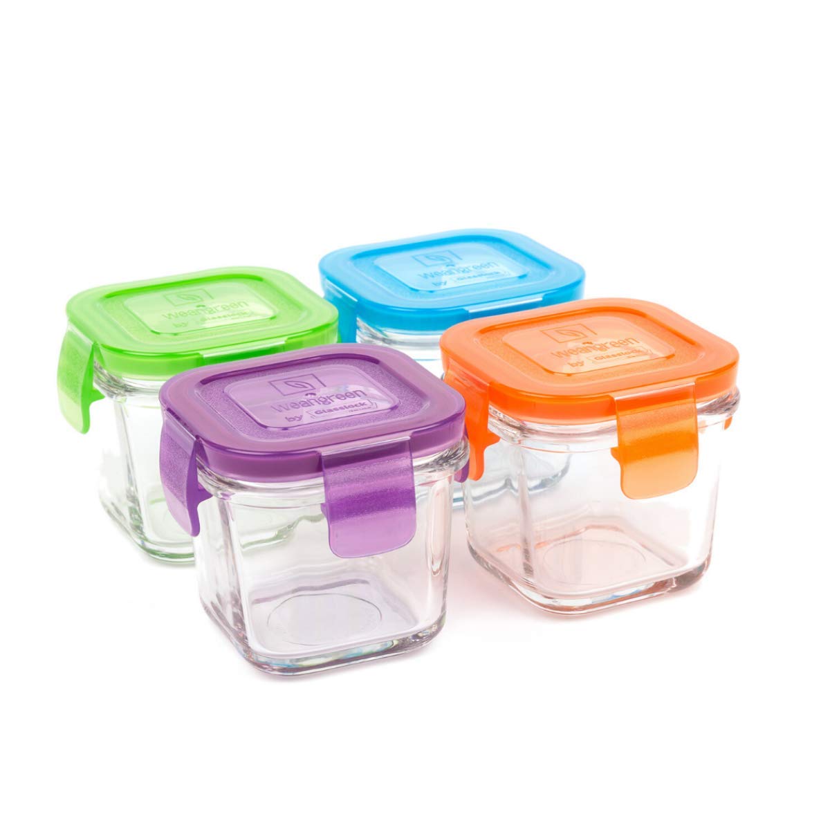 Wean Cube Glass Food Storage Containers - Set of 4 (4oz) Square BPA-Free Meal Prep Containers in Blue, Orange, Green, Purple | Perfect for Meal Prep, Leftovers, Pantry Organization & Baby Food Storage