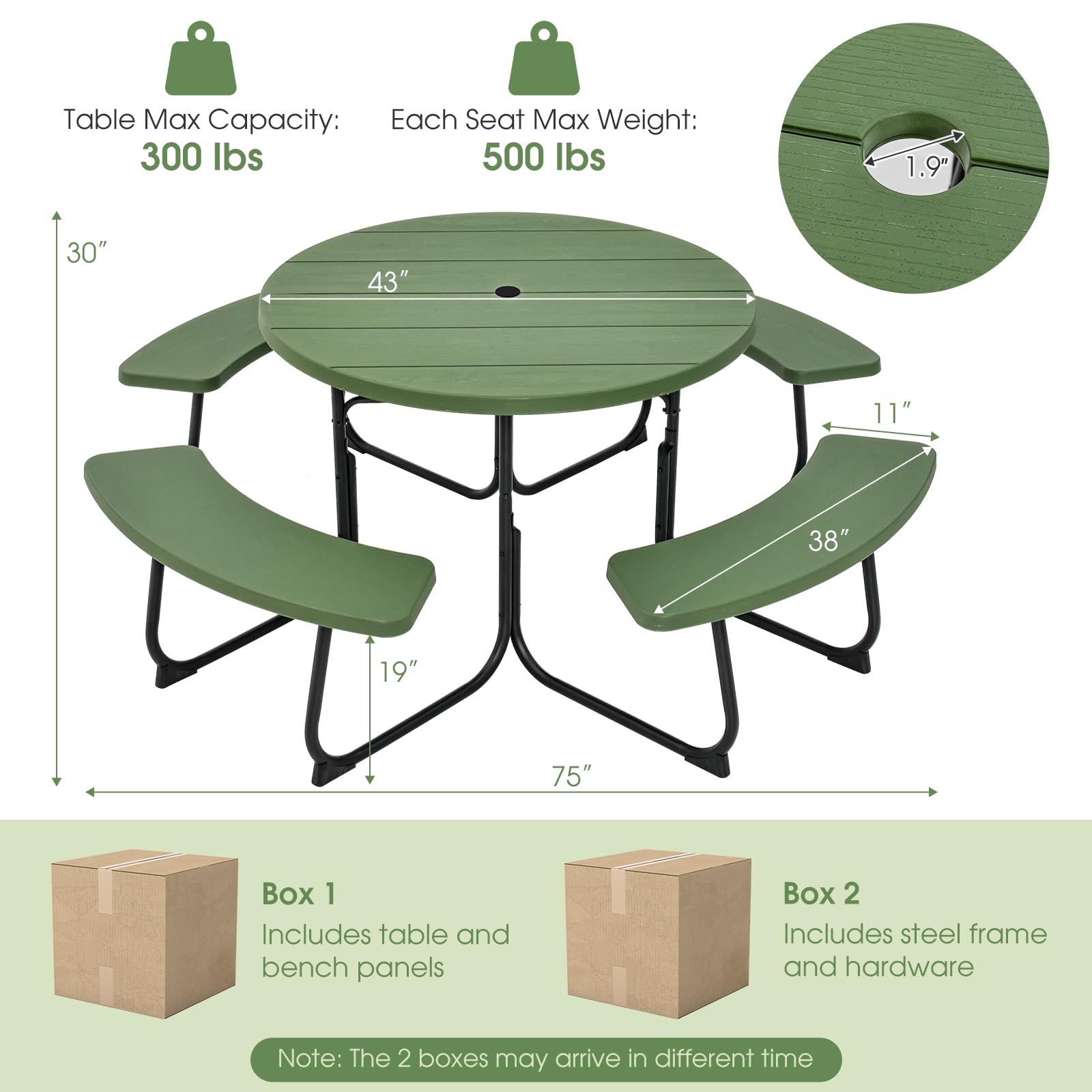 Giantex 8-Person Round Outdoor Picnic Table Set with Umbrella Hole - HDPE Top & Sturdy Metal Frame, 2000LBS Capacity - Patio, Deck, Backyard, Garden Furniture (Green) | Perfect for Family Gatherings, BBQs, and Outdoor Dining