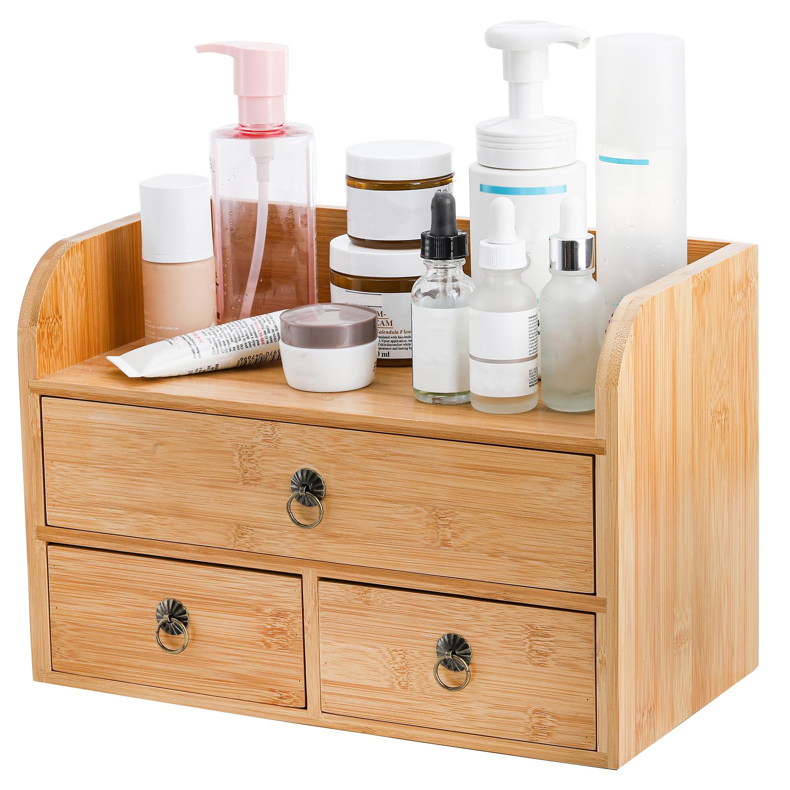 Nicunom 3-Tier Bamboo Desk Organizer with Drawers - Multifunctional Tabletop Storage for Office, Home & Vanity - Perfect for Organizing Stationery, Toiletries & Beauty Supplies (Home Office & Bathroom Organization)