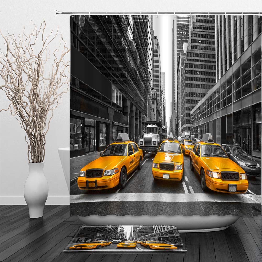BCNEW New York Taxi Themed Shower Curtain Set with Bath Mat - 70