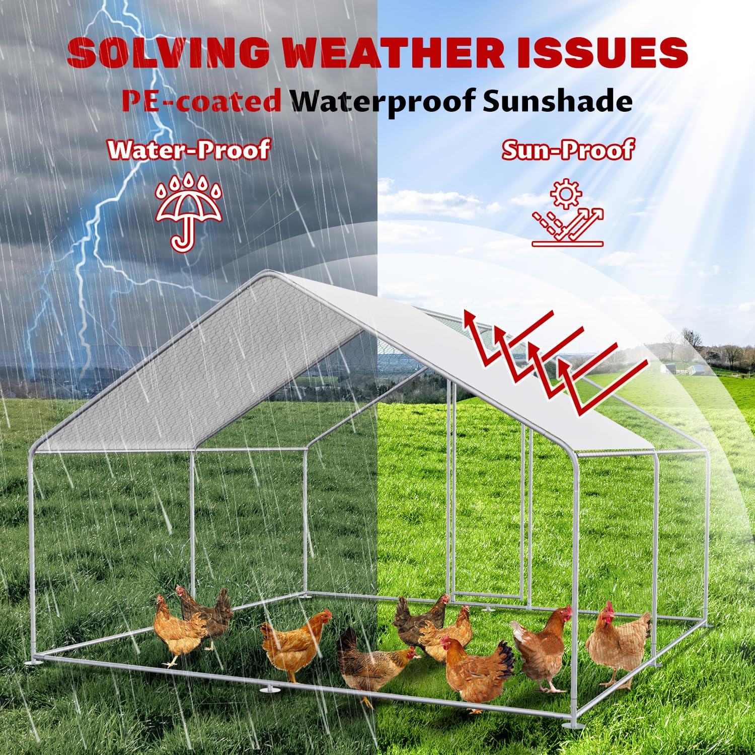 Large Metal Chicken Coop & Run Pen for 10 Chickens - Durable Poultry Cage with Waterproof Cover - Walk-in Design for Backyard, Farm & Outdoor Use - Perfect for Free-Range Chickens, Egg Laying Hens & Small Flock Protection