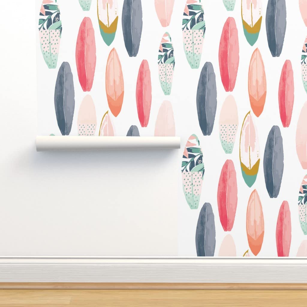 Peel & Stick Removable Wallpaper 9ft x 2ft - Tropical Surfboard Beach Theme in Blue & Pink Watercolor | Perfect for Girls' Room, Nursery, Beach House Decor | Easy DIY Home Decoration by Spoonflower