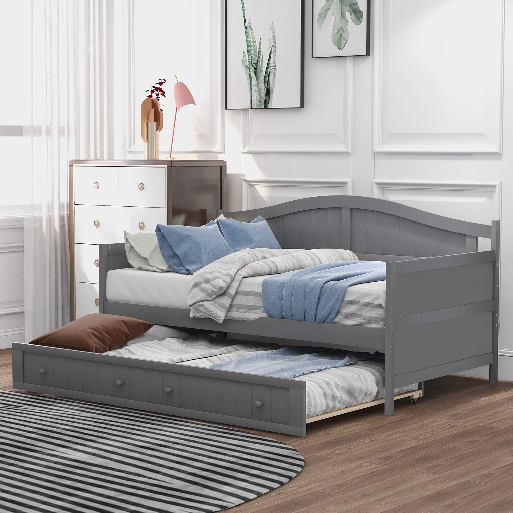 P PURLOVE Twin Daybed with Trundle - Wooden Sofa Bed Frame for Bedroom & Living Room - Space Saving Guest Bed (Gray) - Perfect for Small Spaces, Sleepovers & Multi-Functional Furniture Needs